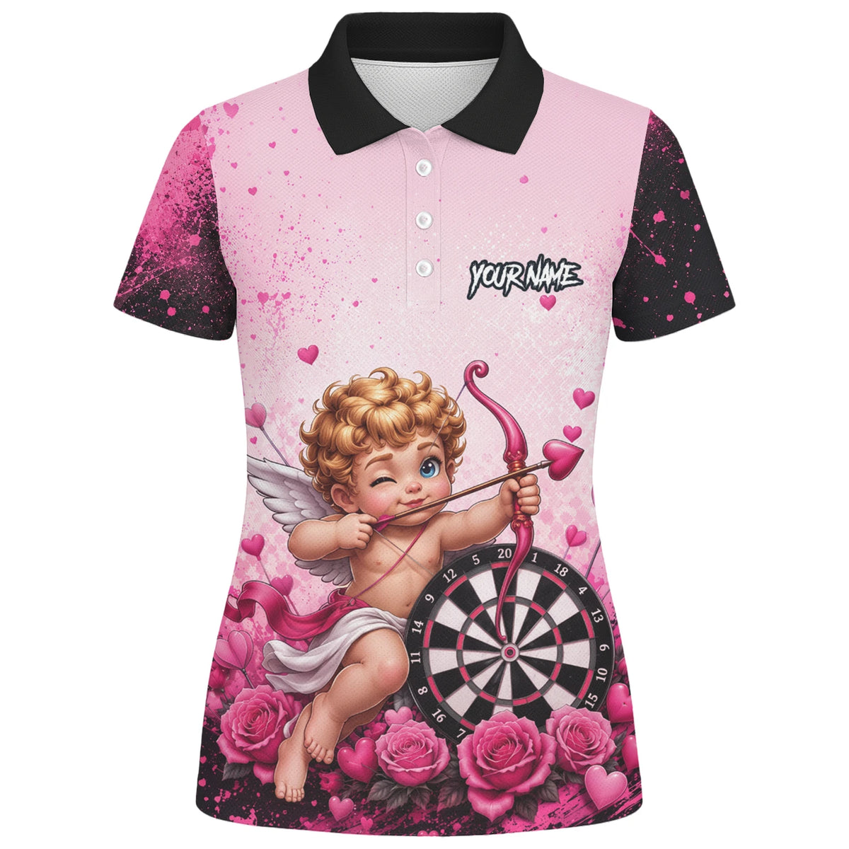Personalised Pink & Black Cupid Dartboard Darts Shirt For Women I643