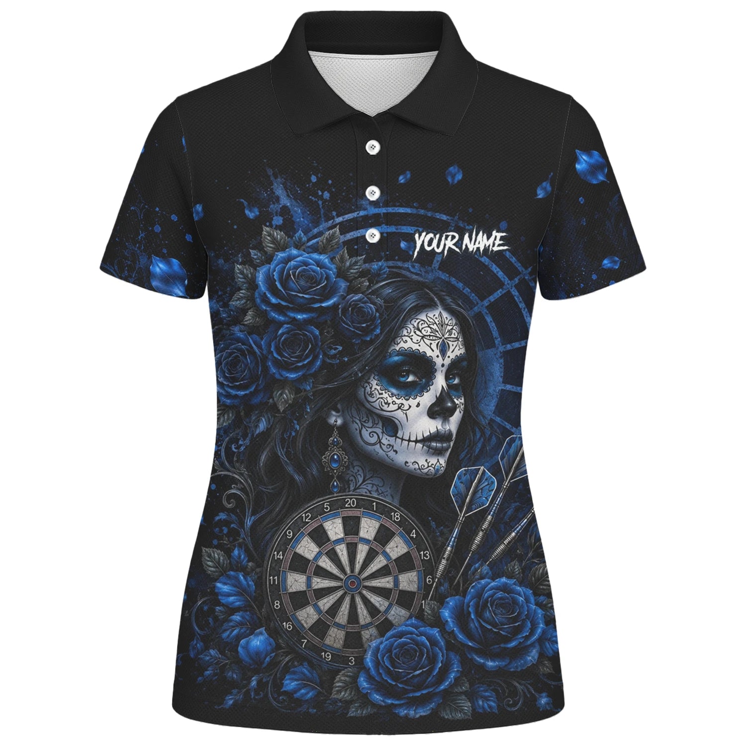 Personalised Black & Blue Sugar Skull Roses Darts Shirt For Women I884