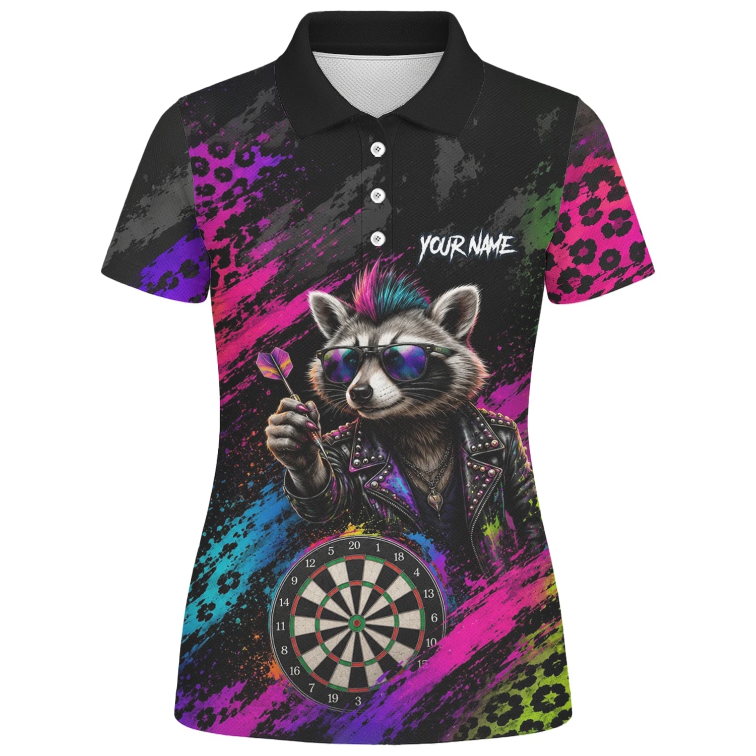 Personalised Black Multicolour Punk Raccoon Dartboard Darts Shirt For Women E164