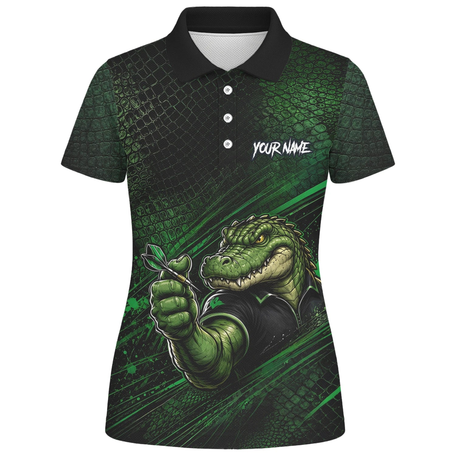Personalised Black & Green Crocodile Darts Player Shirt For Women I987