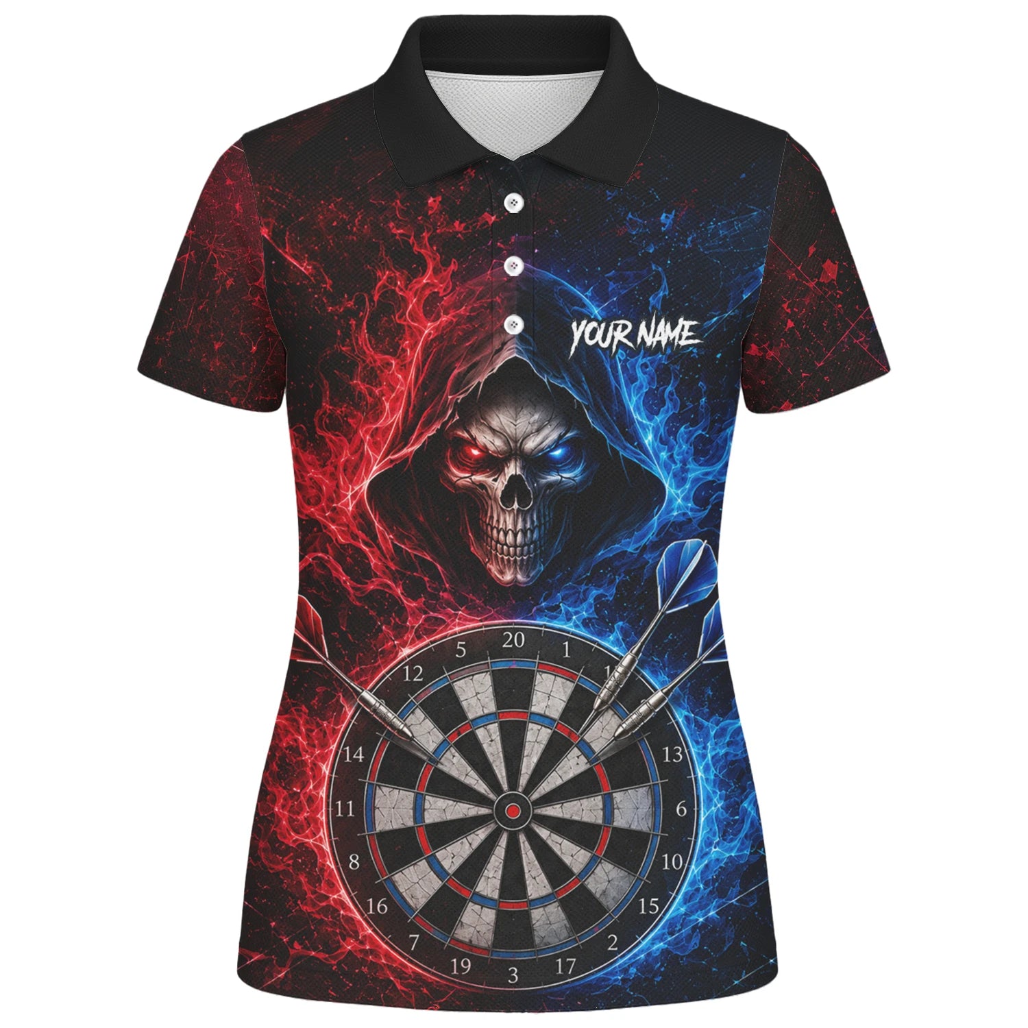 Personalised Red & Blue Split Skull Darts Polo Shirt For Women L857