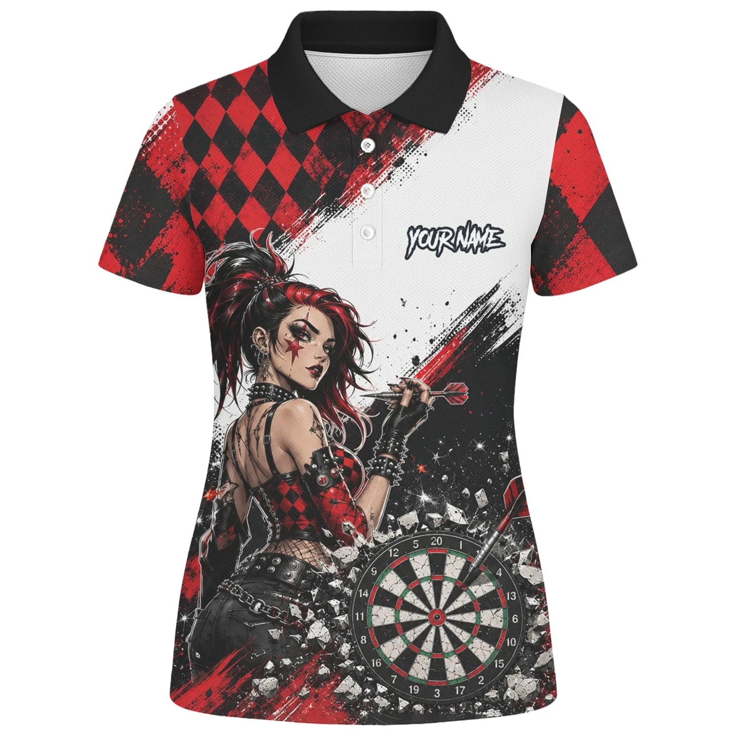 Personalised Red & Black Gothic Harlequin Darts Polo Shirt For Women K572
