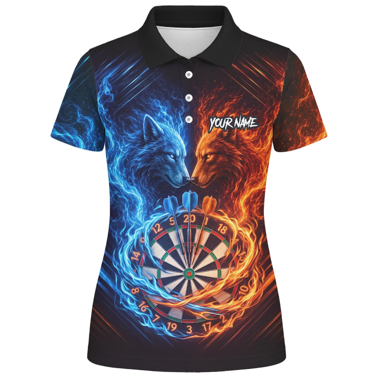 Personalised Blue & Orange Wolf Flame Dartboard Darts Shirt For Women A749