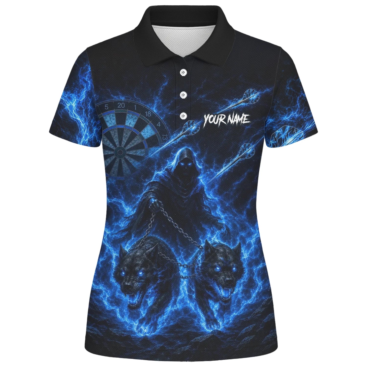 Personalised Black & Blue Grim Reaper and Wolves Darts Shirt For Women X871