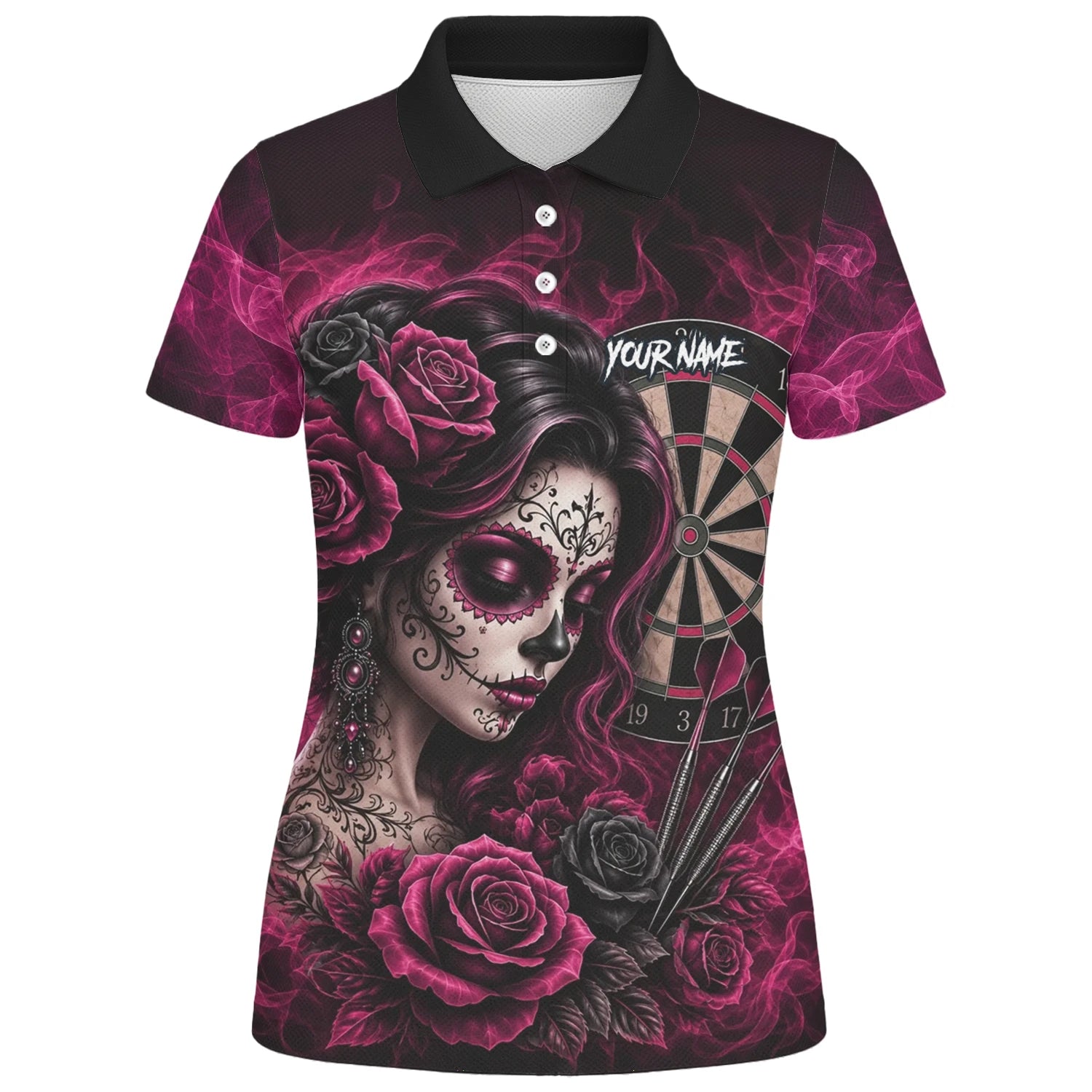 Personalised Black & Pink Sugar Skull Roses Darts Shirt For Women Z109