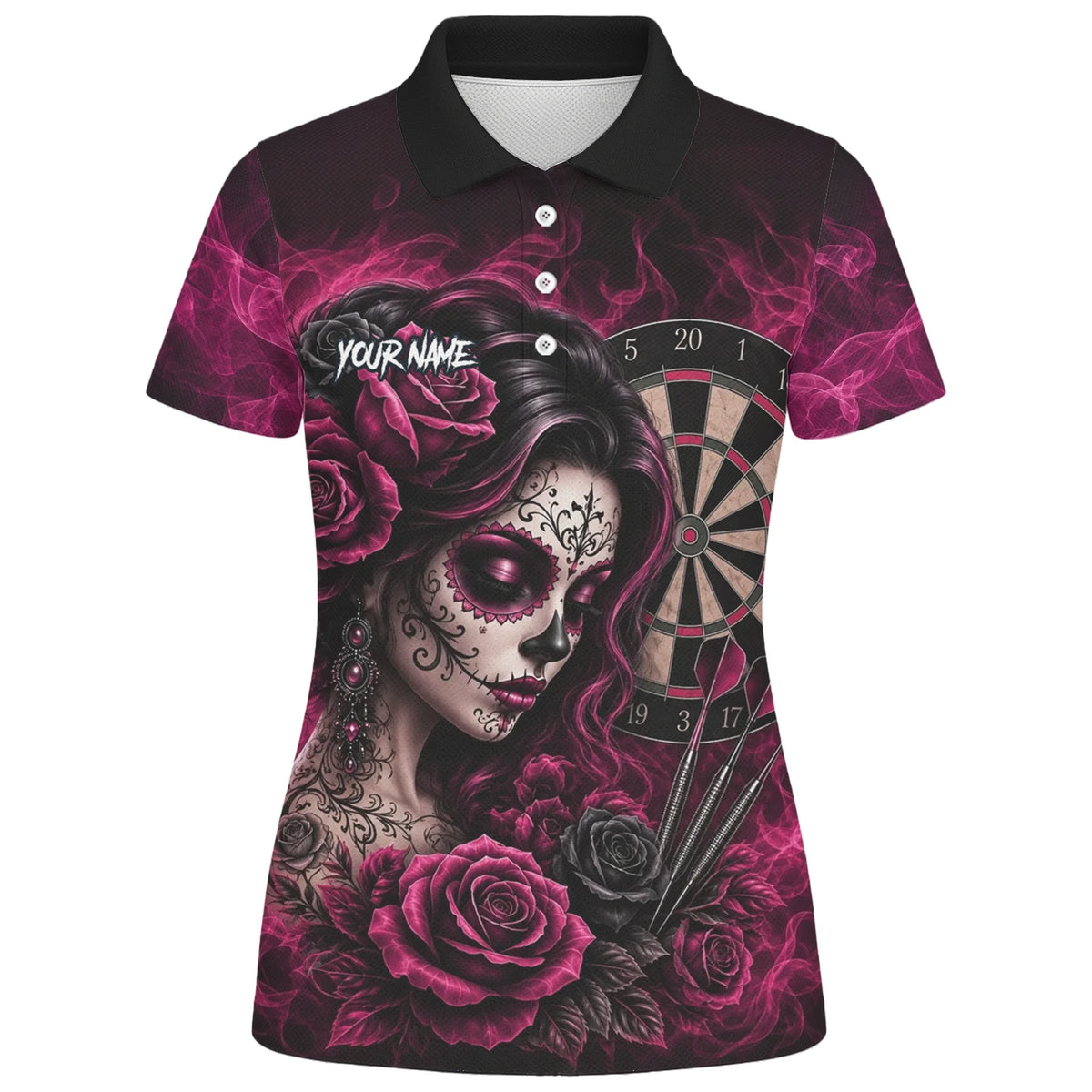 Personalised Black & Pink Sugar Skull Roses Darts Shirt For Women Z109