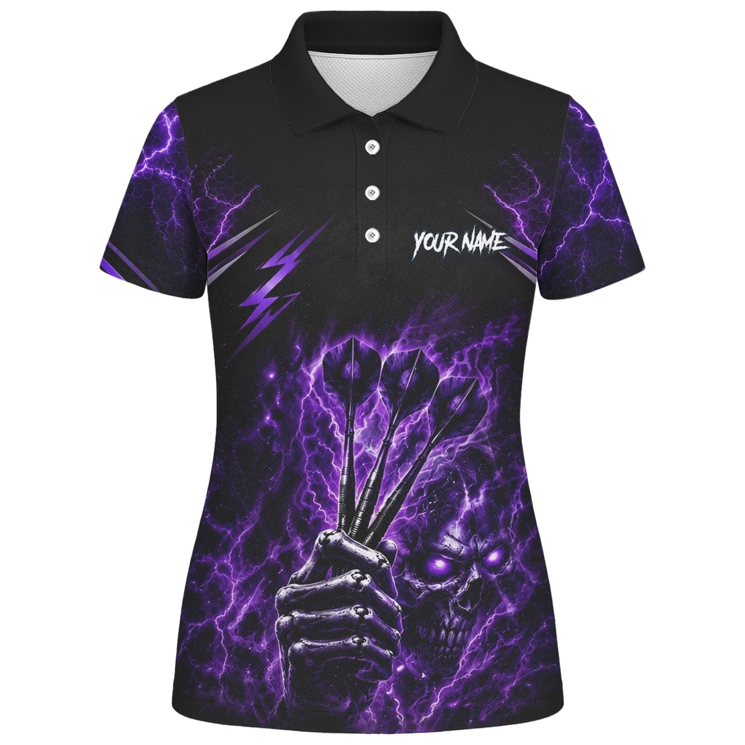 Personalised Black & Purple Lightning Skeleton Hand Darts Shirt For Women H822