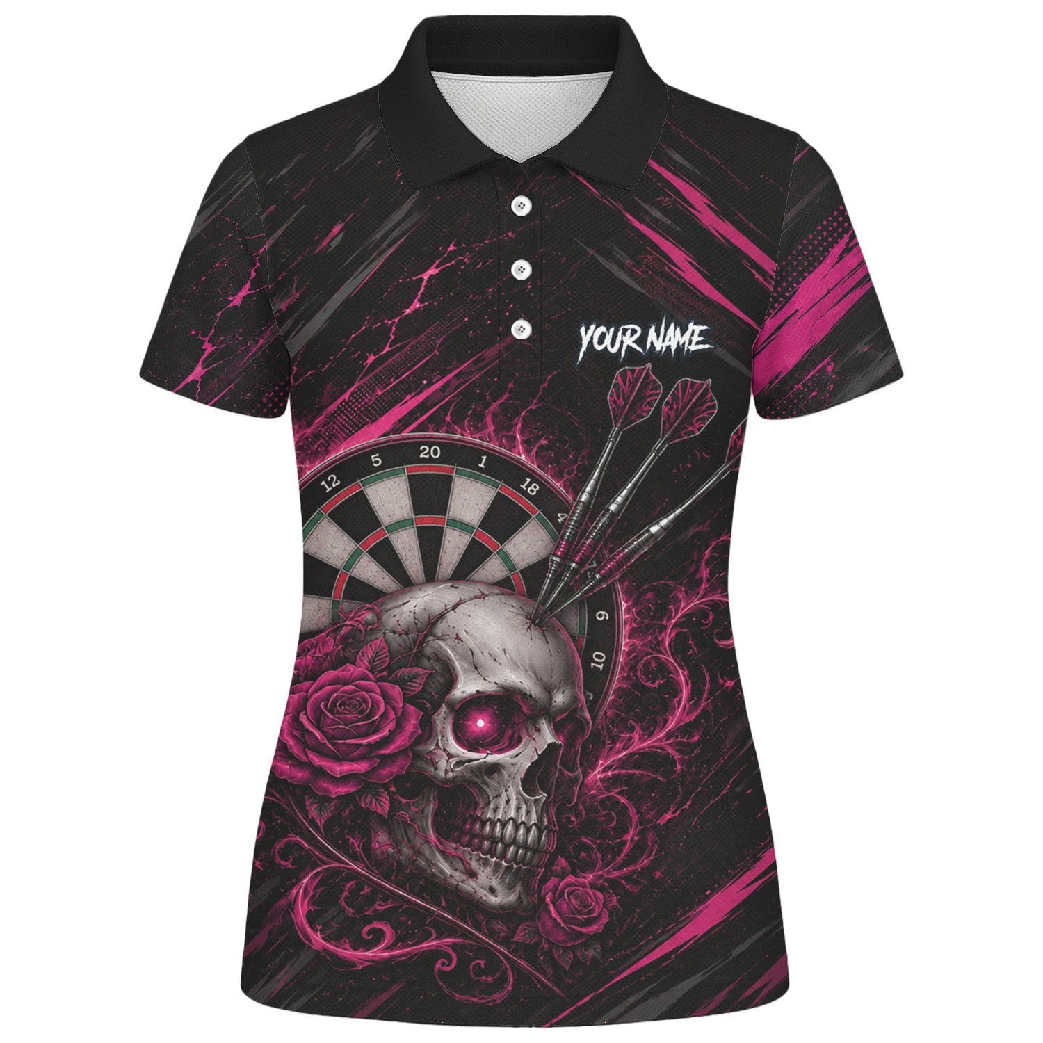 Personalised Black & Pink Skull and Roses Darts Shirt For Women V308