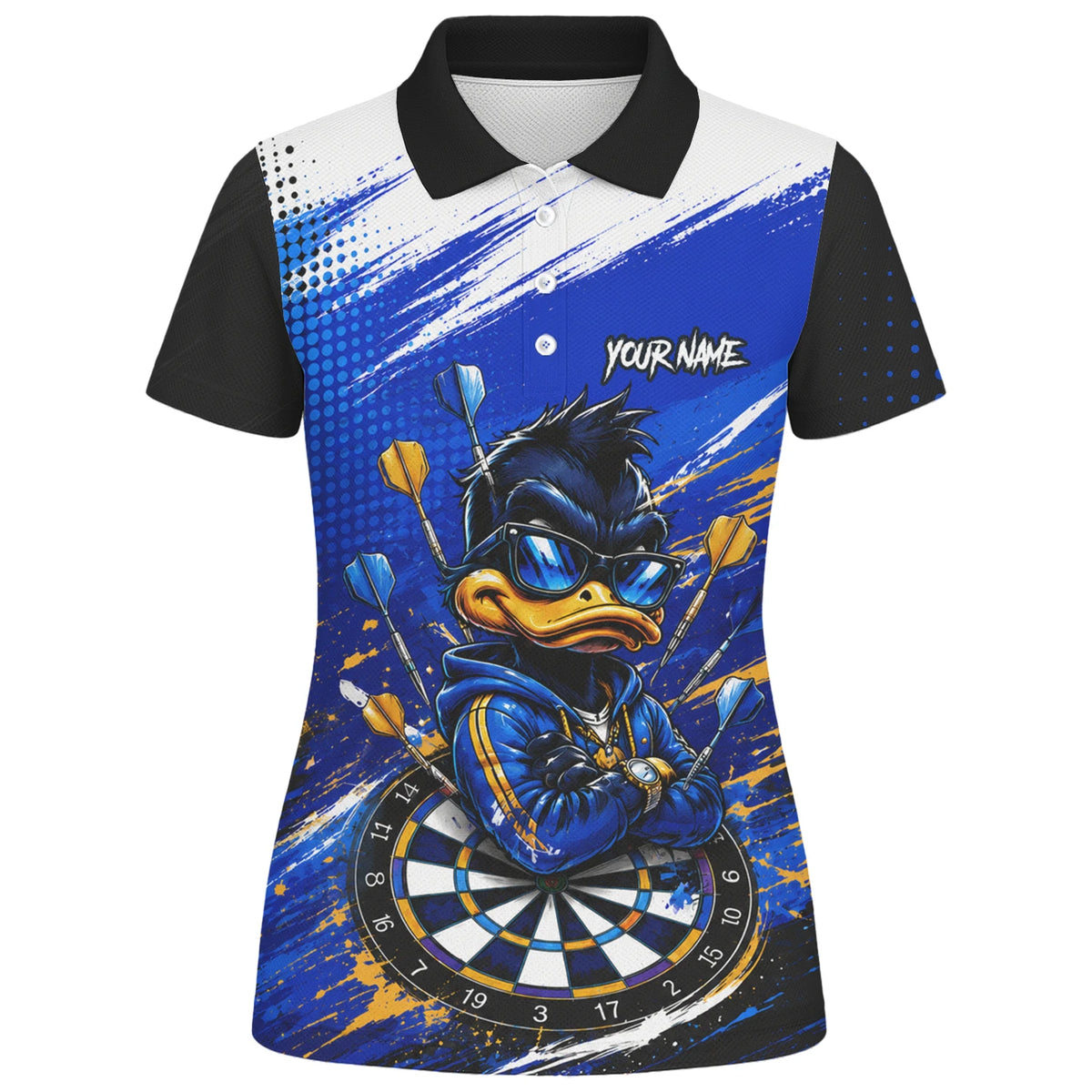 Personalised Blue & Gold Cool Duck Darts Polo Shirt For Women L859