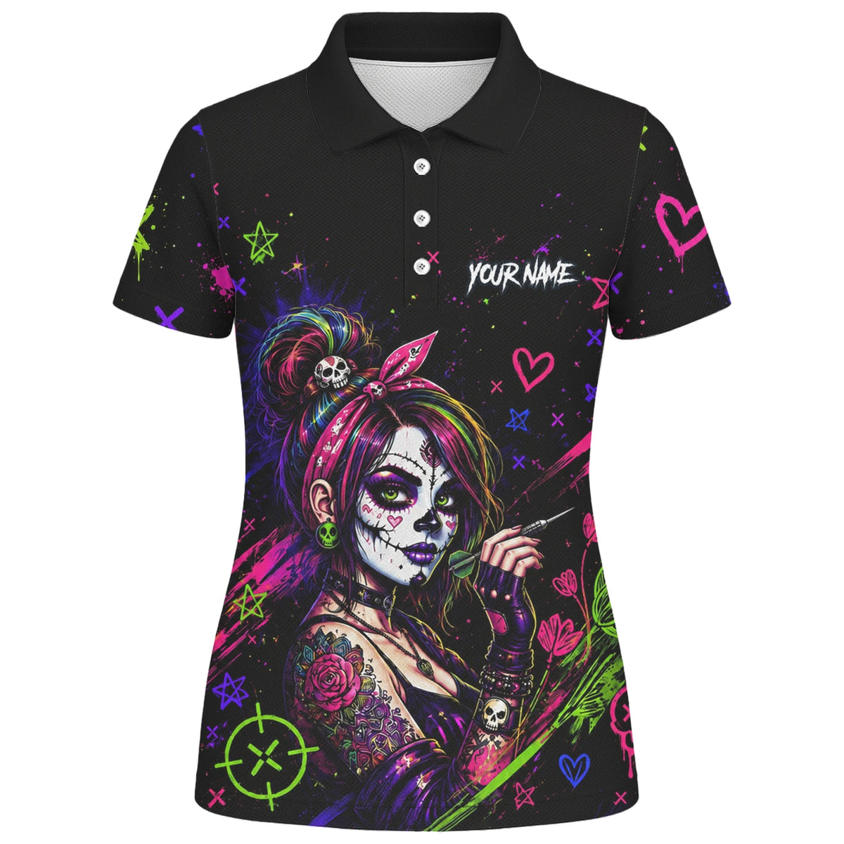 Personalised Black Neon Sugar Skull Woman Darts Shirt For Women K745