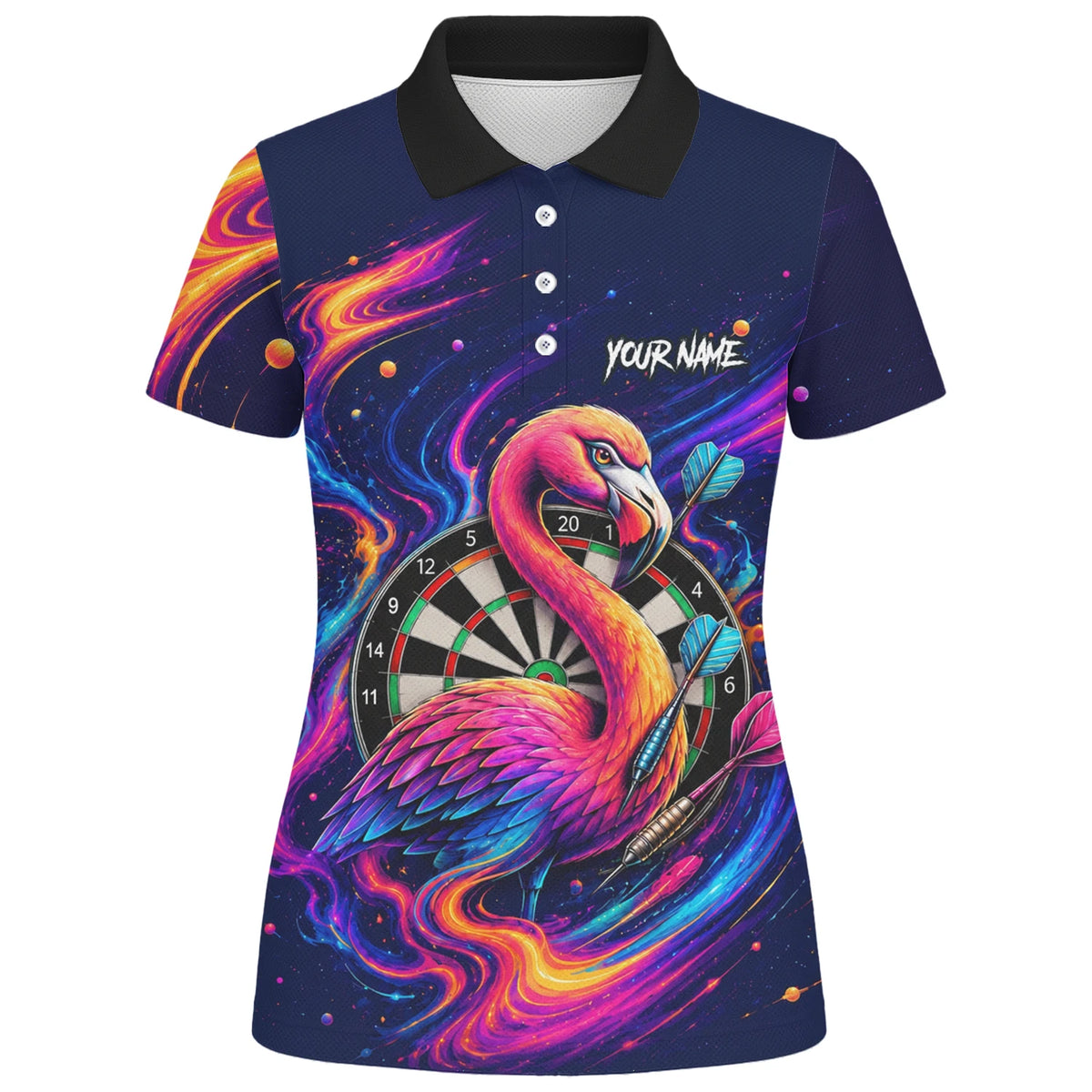 Personalised Neon Flamingo Galaxy Darts Polo Shirt For Women D064