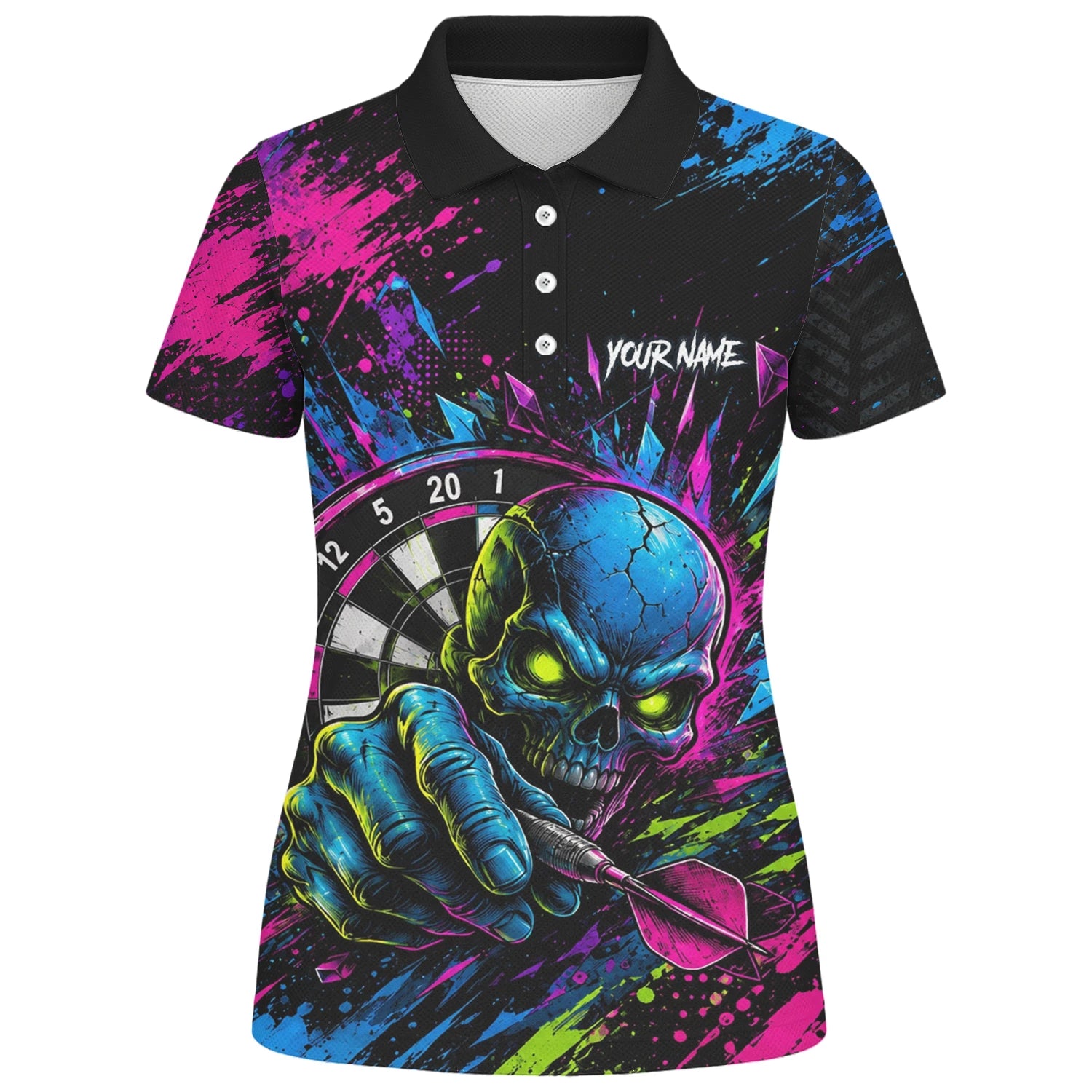 Personalised Neon Blue Green & Pink Skull Dartboard Darts Shirt For Women S232