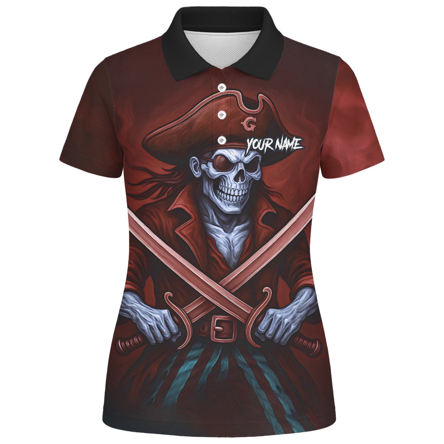 Personalised Red & Black Pirate Skull Crossed Swords Darts Shirt For Women TR8209