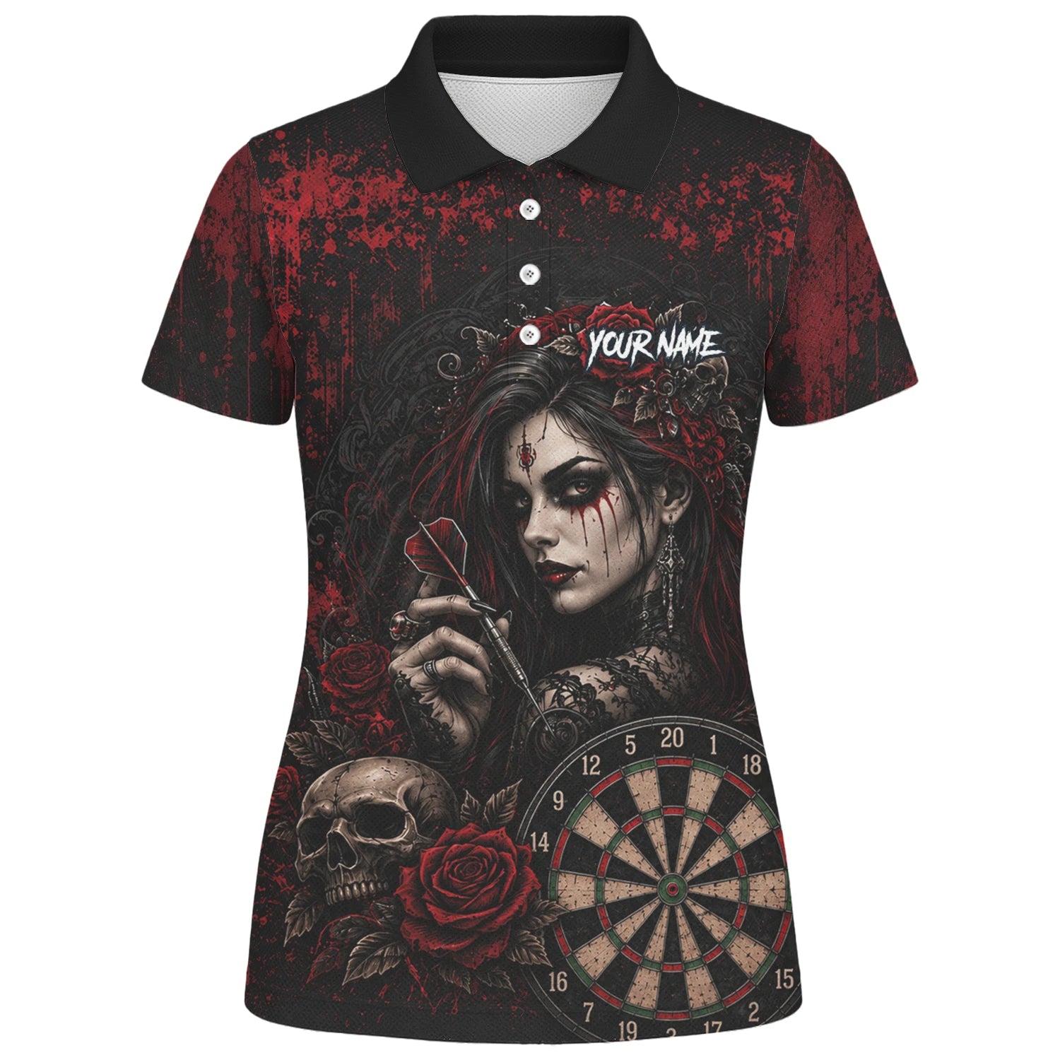 Personalised Black & Red Gothic Woman Skull Darts Shirt For Women W035