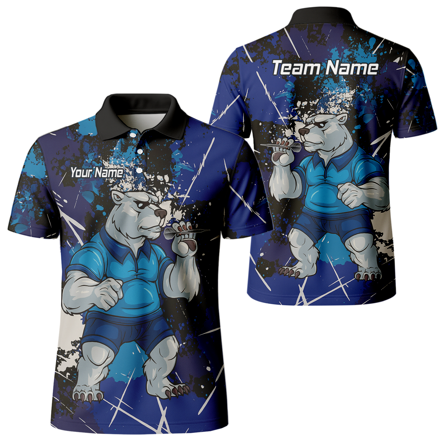 Personalised Fierce Polar Bear Darts Polo Shirt Blue Black Grunge For Men I4743 main image - polo No