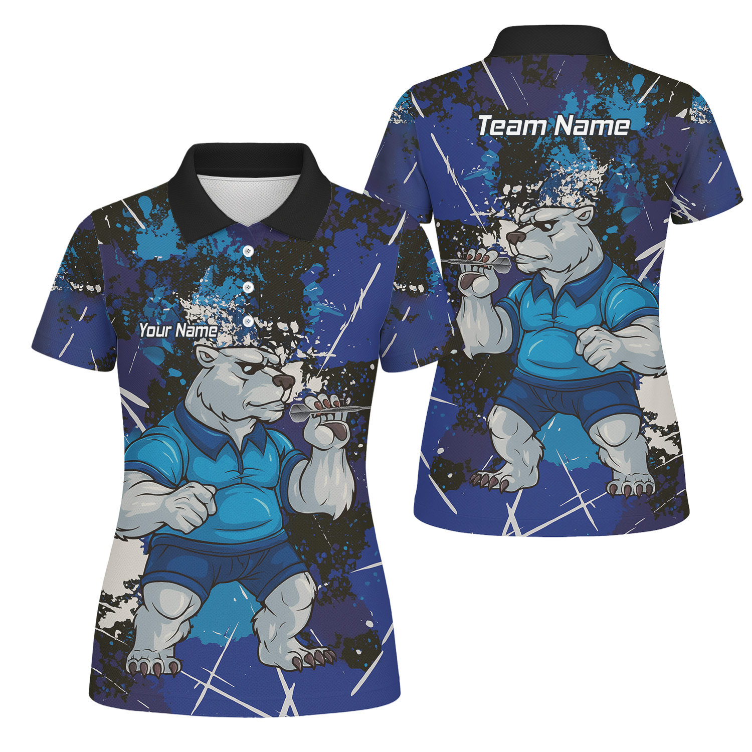 Personalised Fierce Polar Bear Darts Polo Shirt Blue Black Grunge For Men I4743 main image - polo No