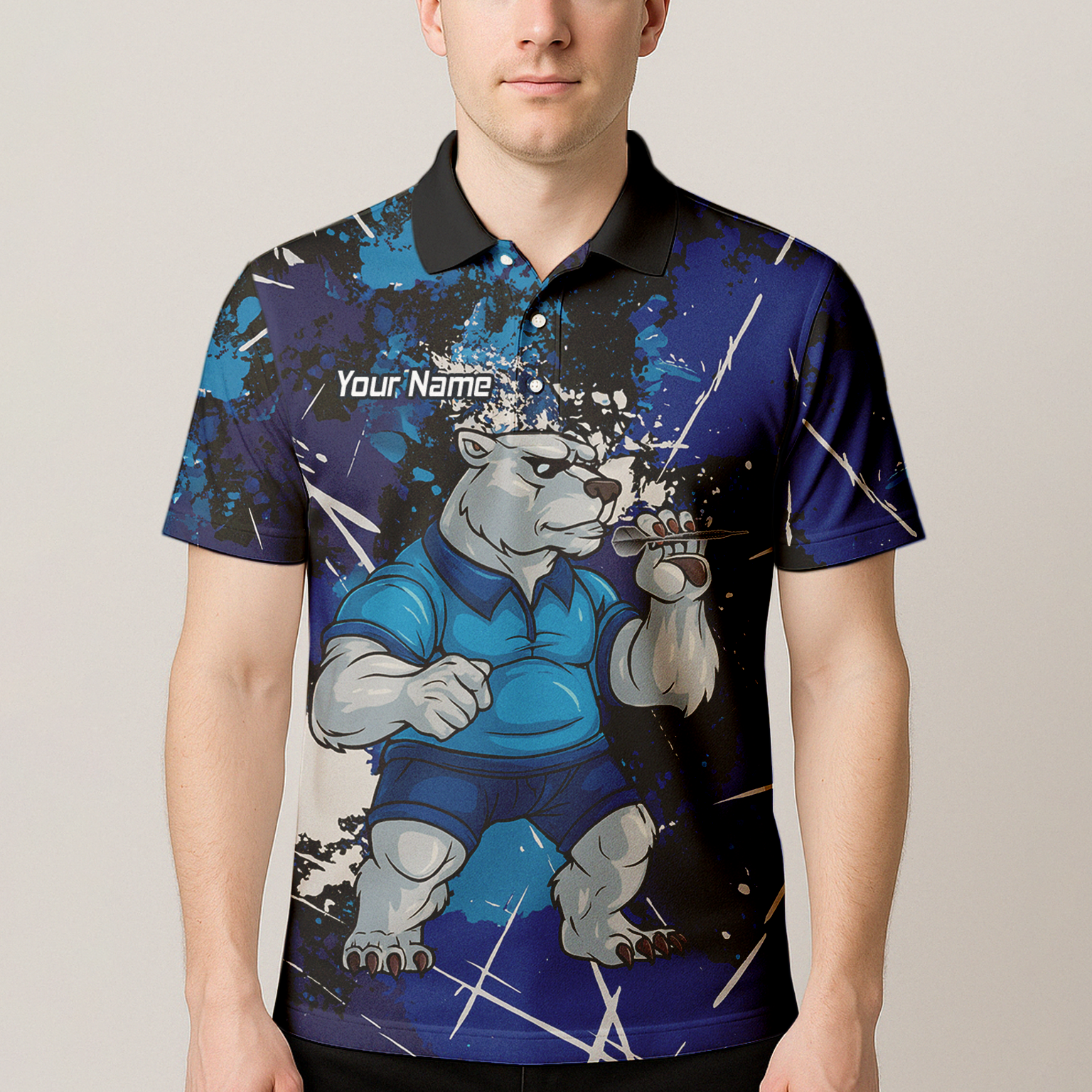 Personalised Fierce Polar Bear Darts Polo Shirt Blue Black Grunge For Men I4743 additional image 4