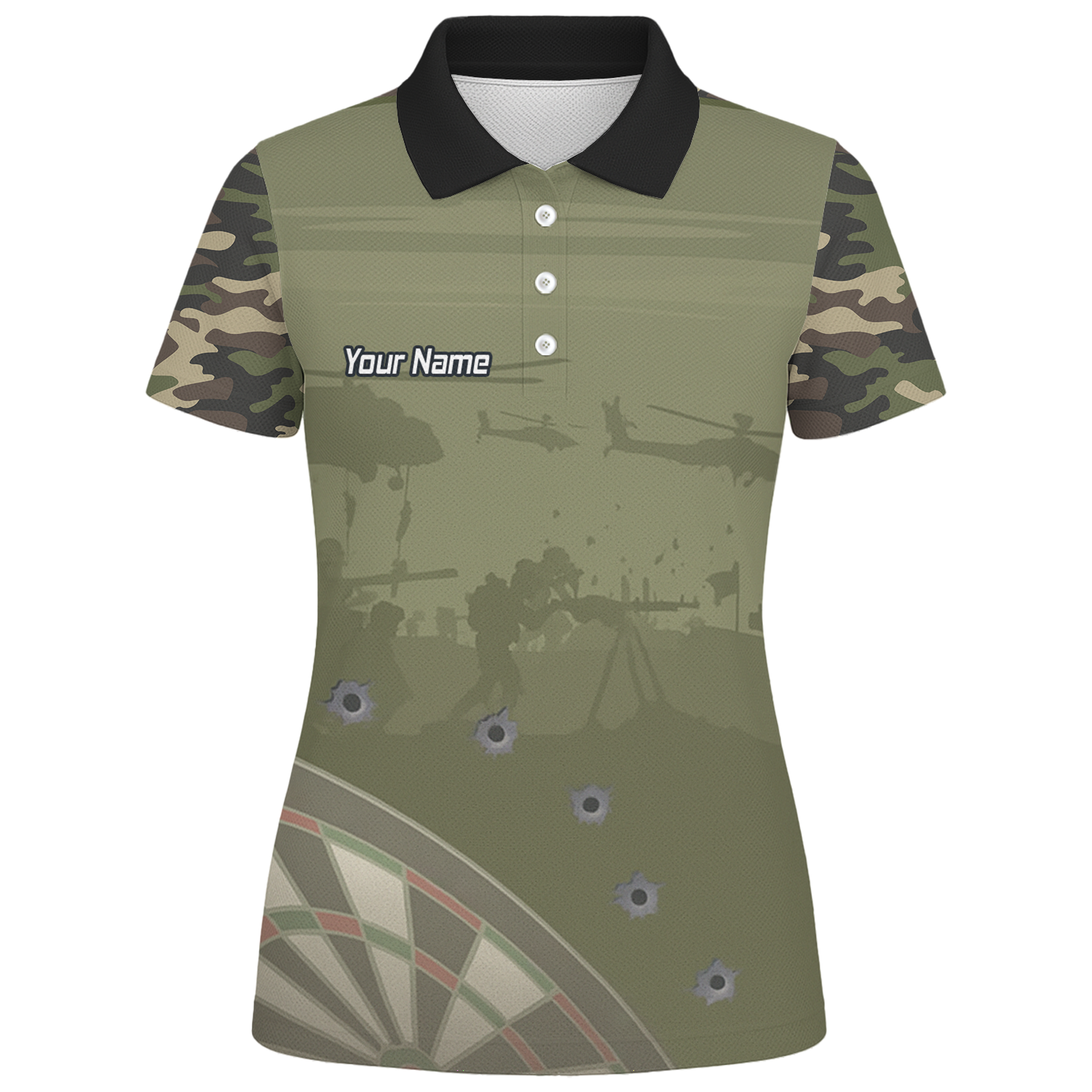 Personalised Warzone Camo Darts Polo Shirt Olive Green with Bullet Holes for Men N6504 additional image 1