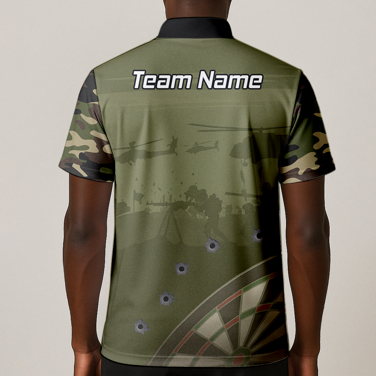 Personalised Warzone Camo Darts Polo Shirt Olive Green with Bullet Holes for Men N6504 additional image 1
