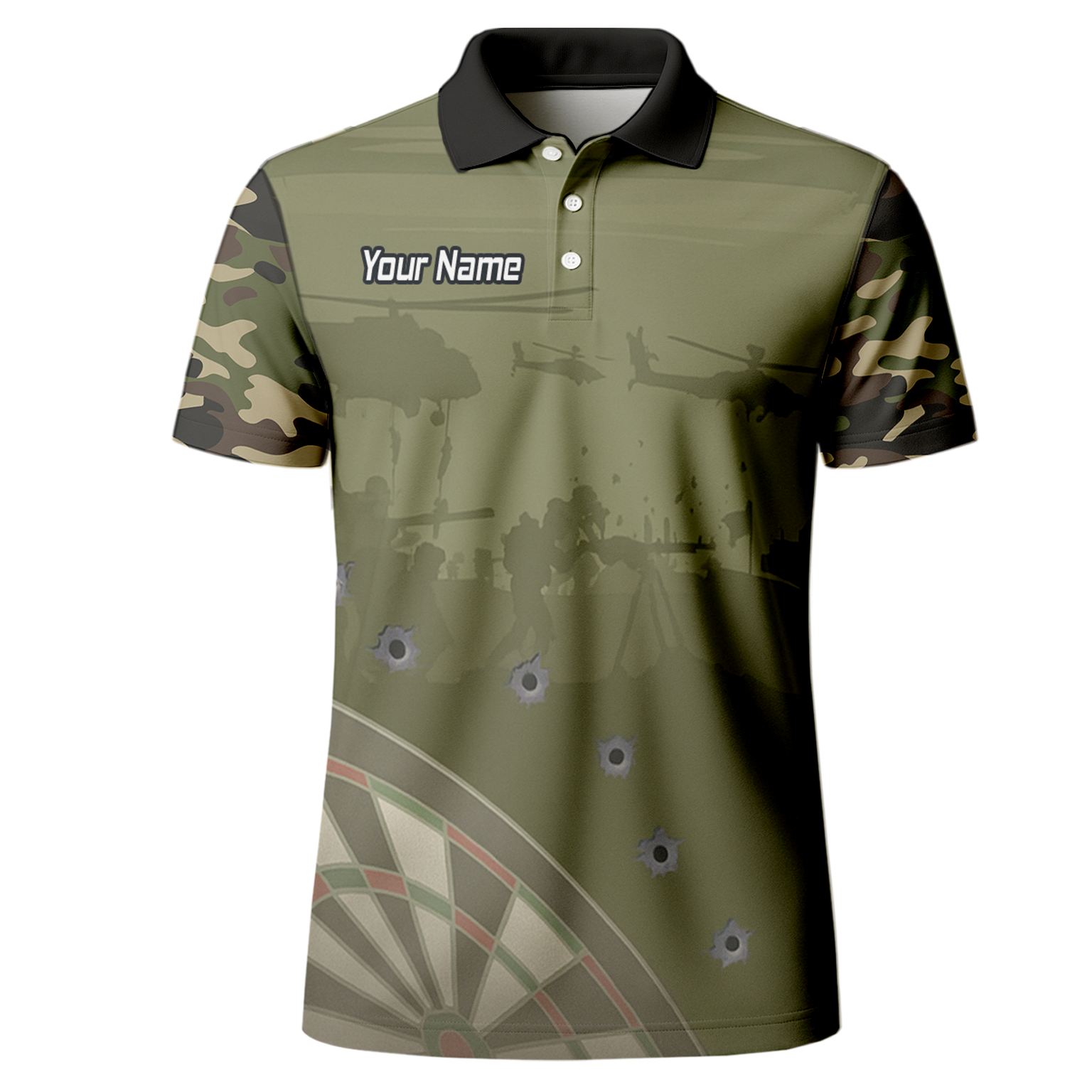 Personalised Warzone Camo Darts Polo Shirt Olive Green with Bullet Holes for Men N6504 additional image 2