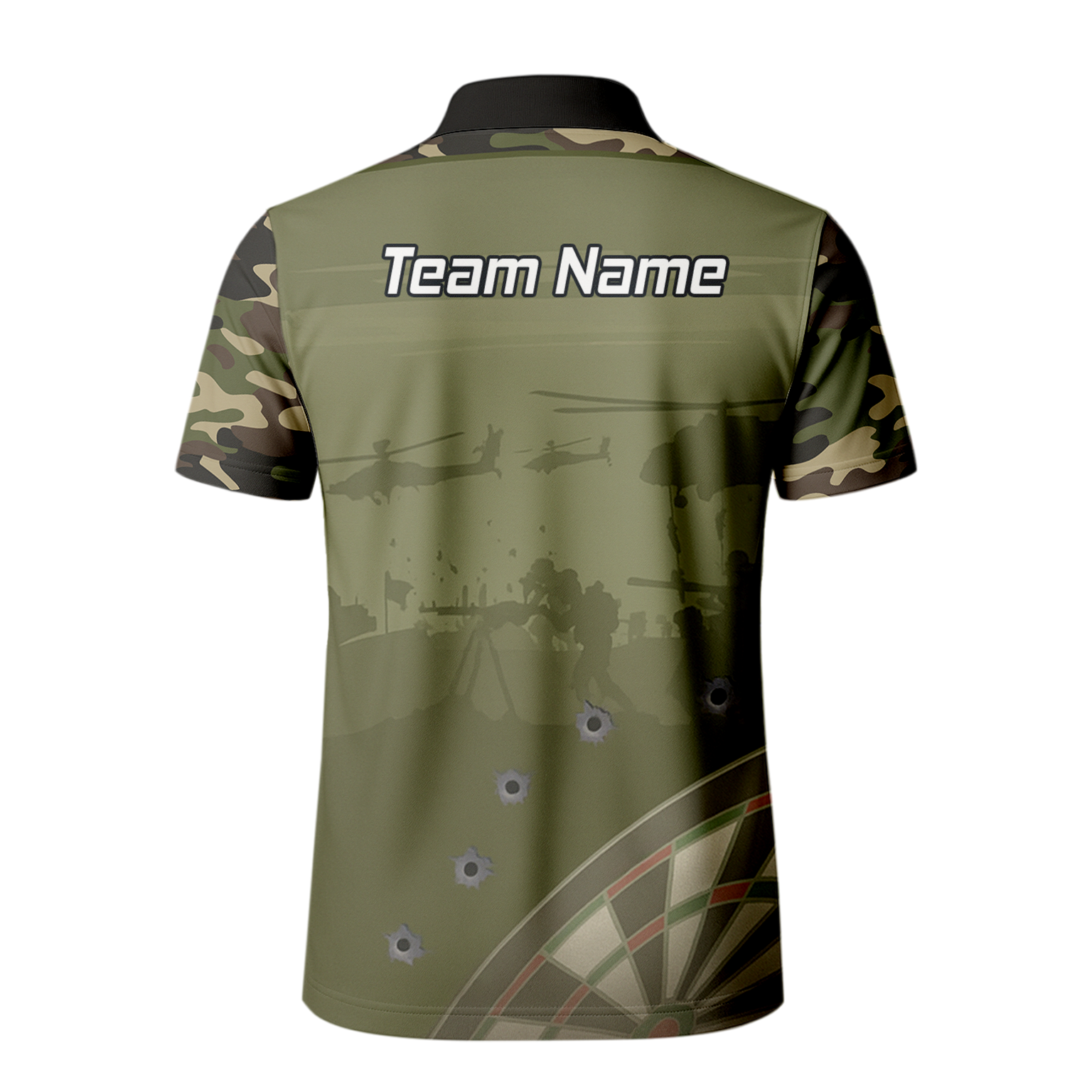 Personalised Warzone Camo Darts Polo Shirt Olive Green with Bullet Holes for Men N6504 additional image 3