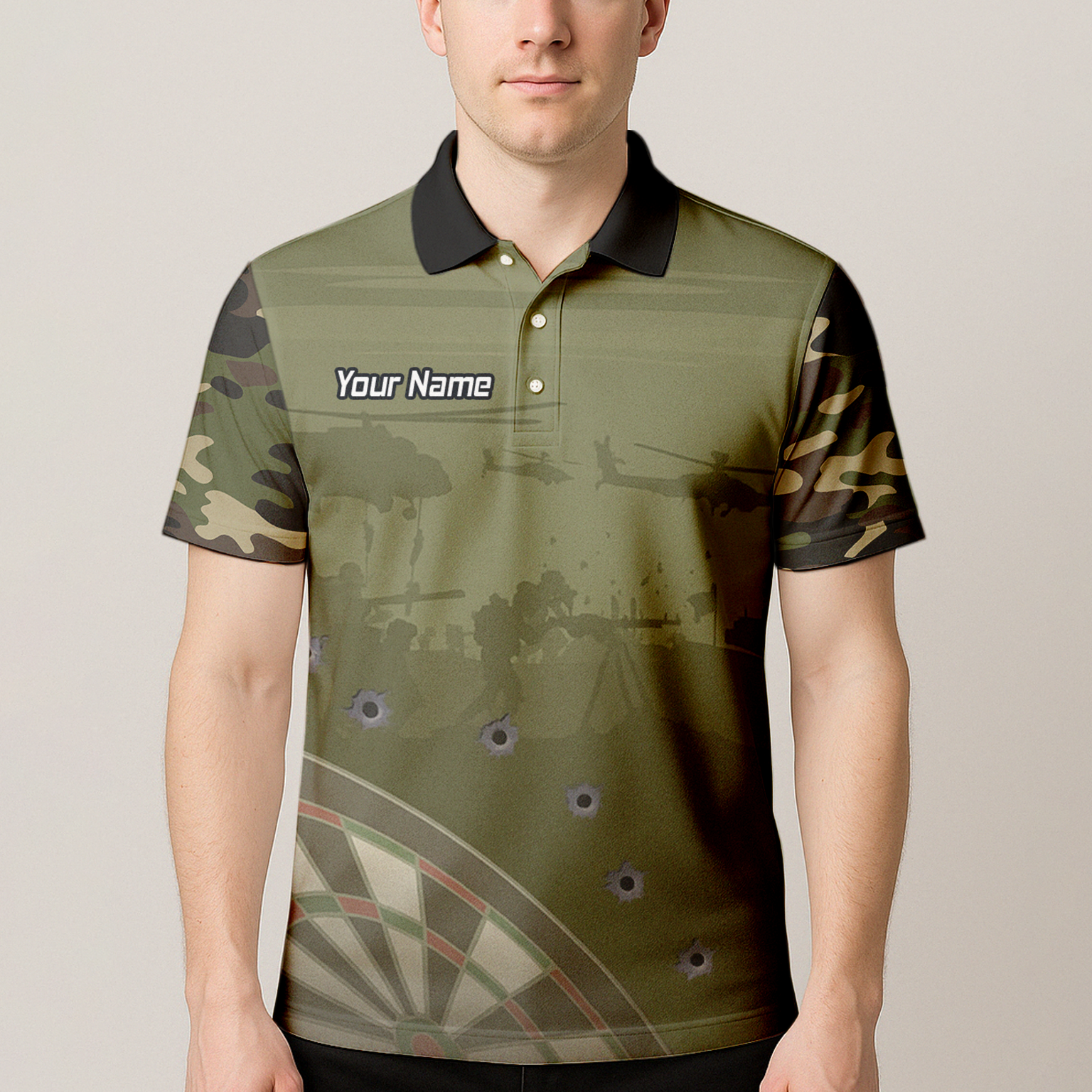 Personalised Warzone Camo Darts Polo Shirt Olive Green with Bullet Holes for Men N6504 additional image 4