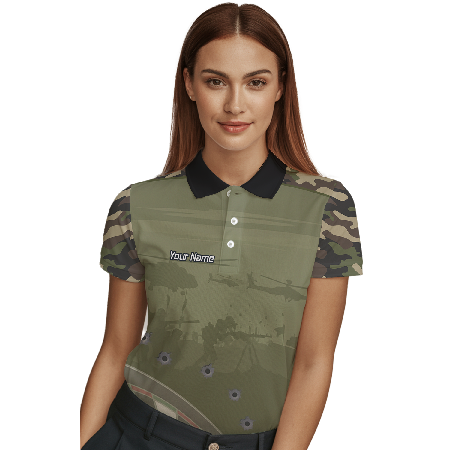Personalised Warzone Camo Darts Polo Shirt Olive Green with Bullet Holes for Men N6504 additional image 3