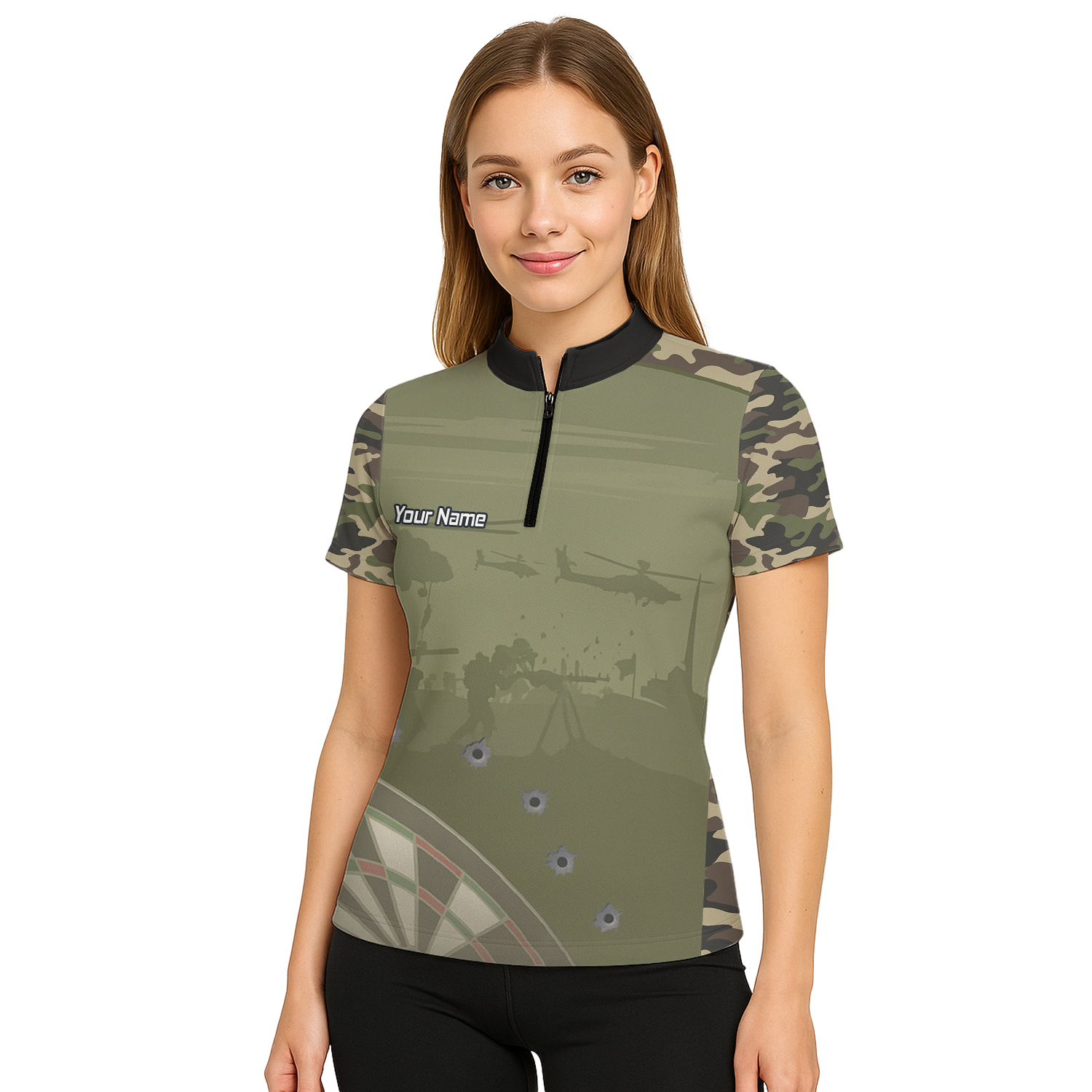 Personalised Warzone Camo Darts Polo Shirt Olive Green with Bullet Holes for Men N6504 additional image 5