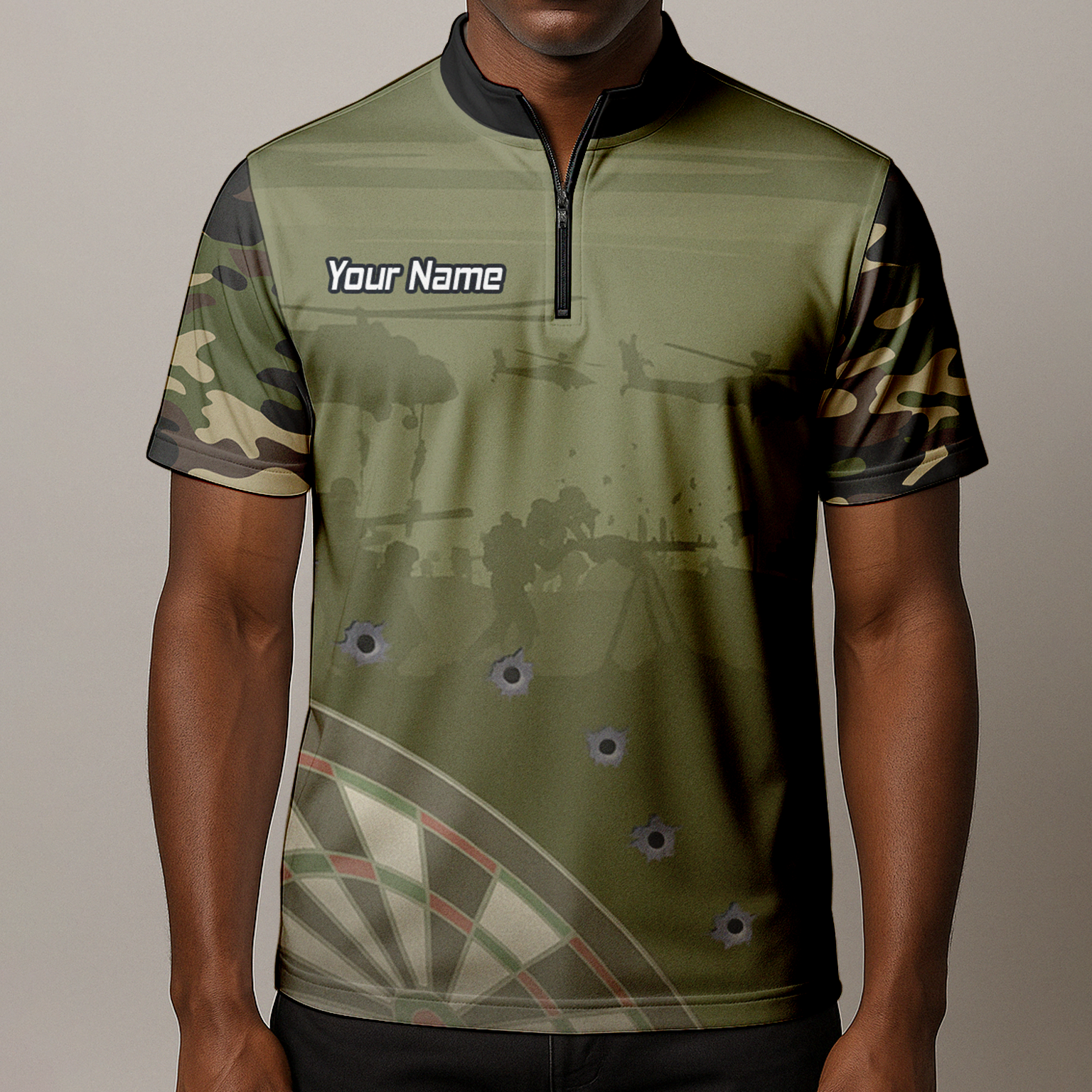 Personalised Warzone Camo Darts Polo Shirt Olive Green with Bullet Holes for Men N6504 additional image 8
