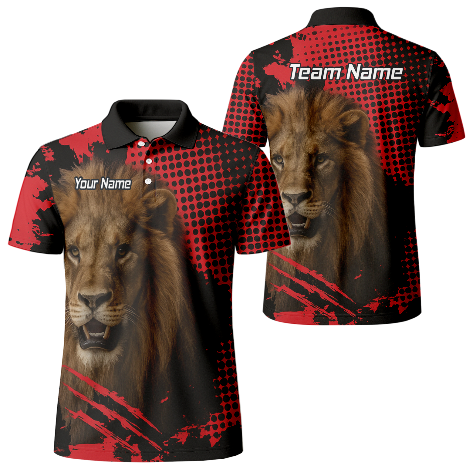 Personalised Roaring Lion Darts Polo Shirt Red Black Grunge For Men V1720 main image - polo No