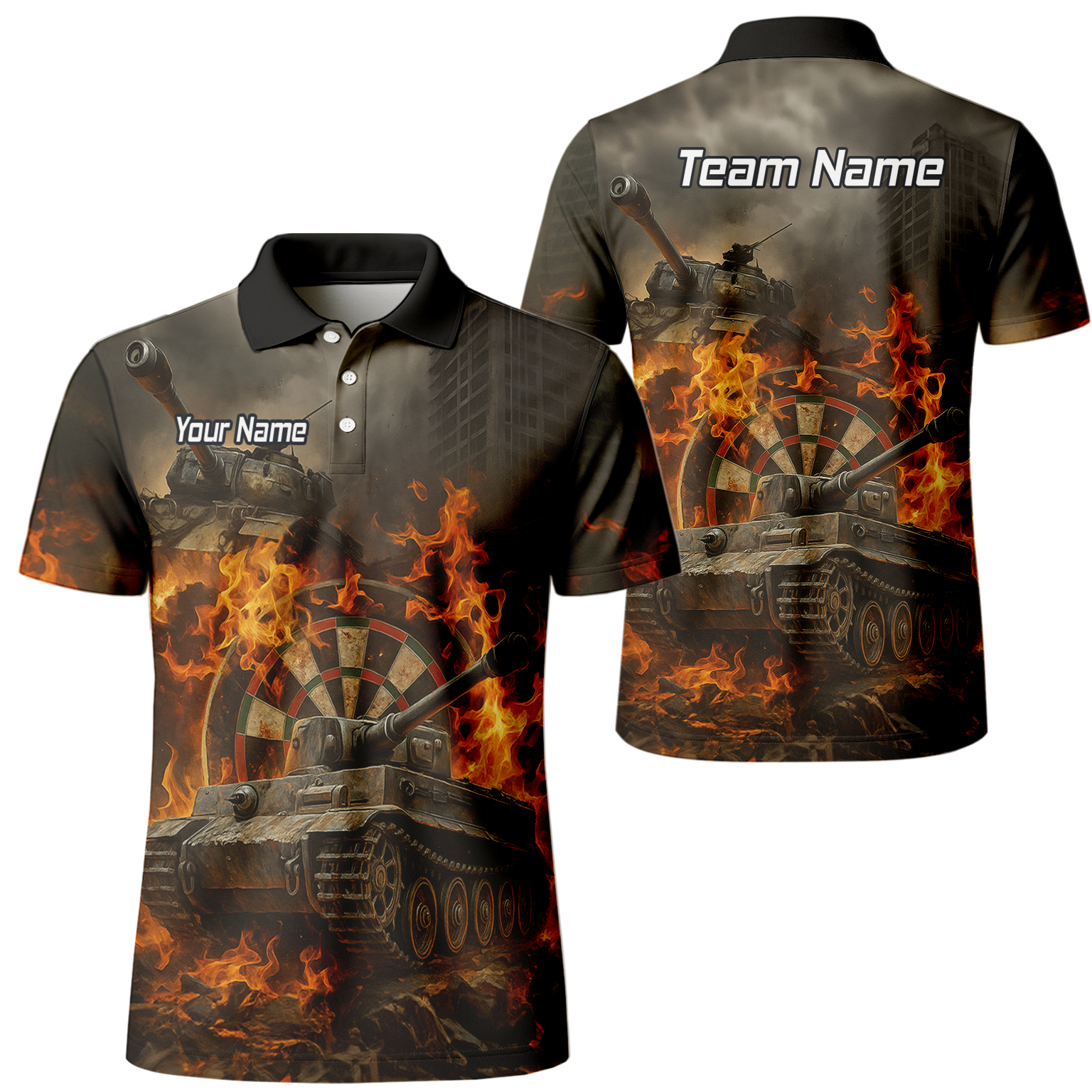 Personalised Flaming Tank Grunge Dart Polo Shirt For Men Z8828 main image - polo No