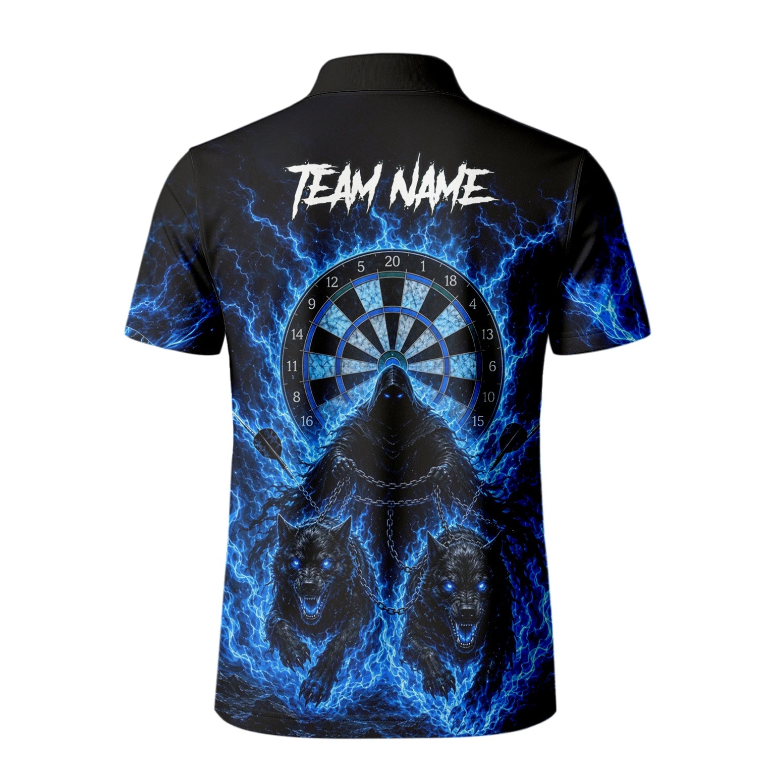 Personalised Black & Blue Grim Reaper and Wolves Darts Shirt For Men X871