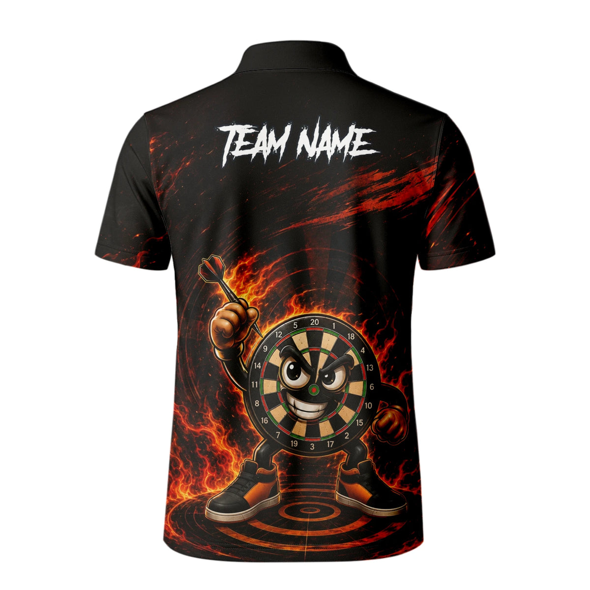Personalised Black & Red Fiery Dartboard Character Darts Shirt For Men W224