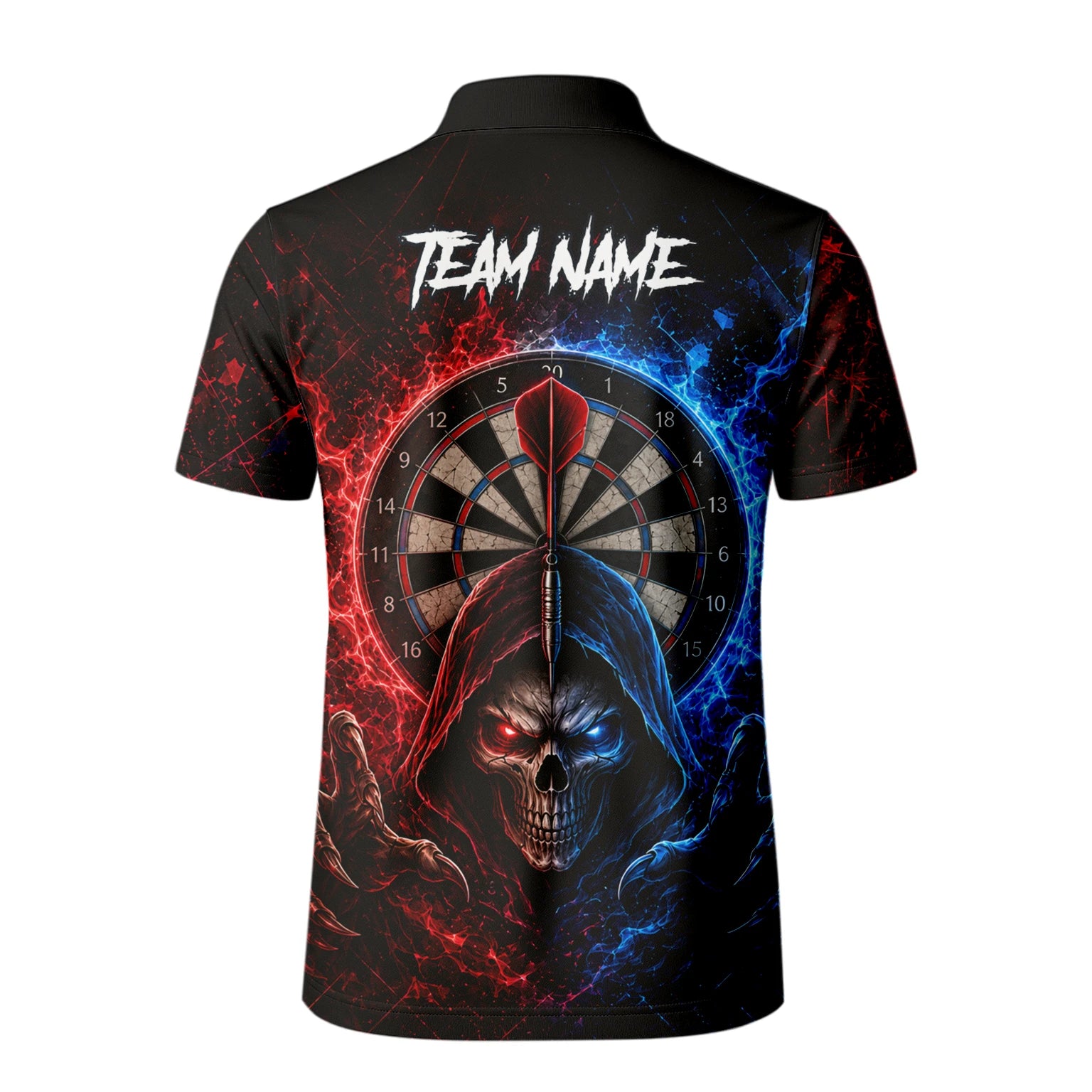 Personalised Red & Blue Split Skull Darts Polo Shirt For Men L857