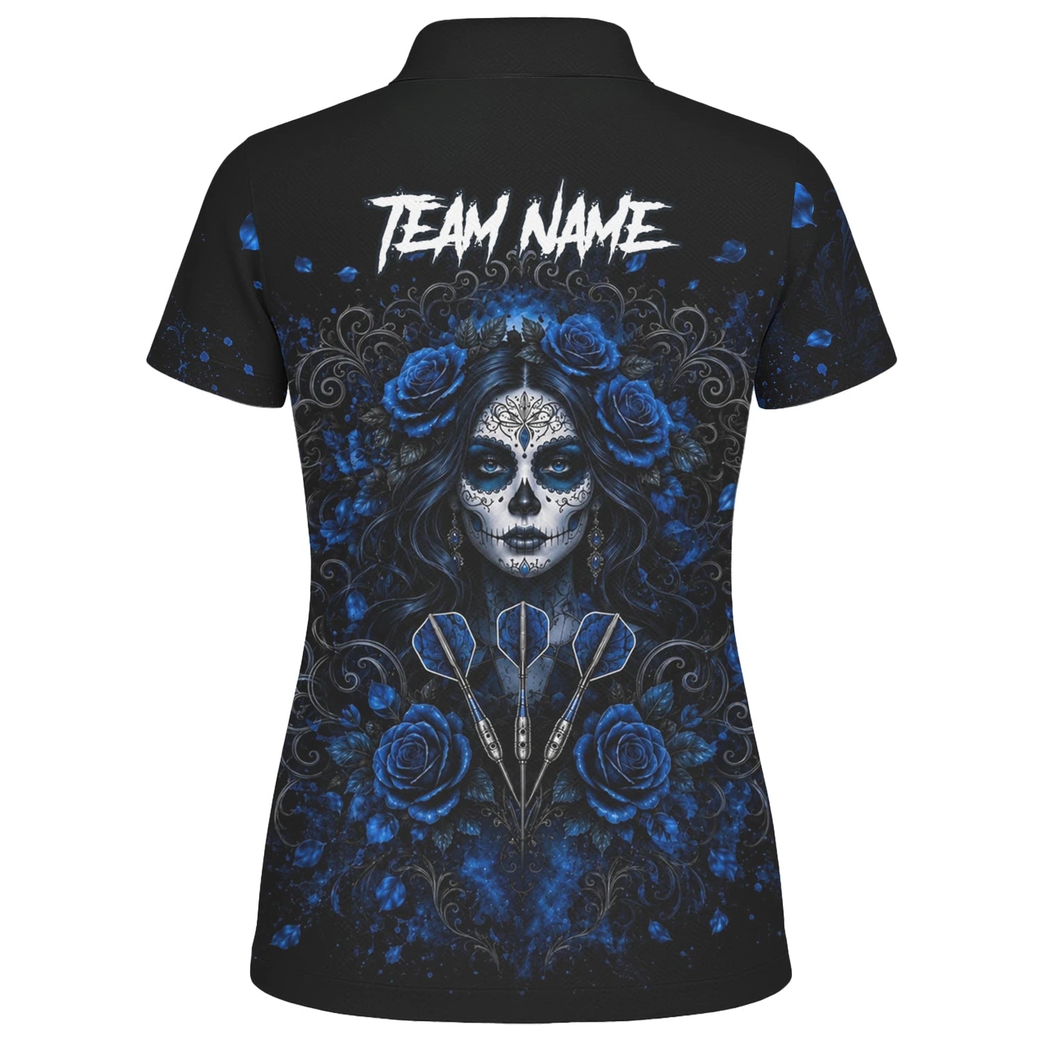 Personalised Black & Blue Sugar Skull Roses Darts Shirt For Women I884