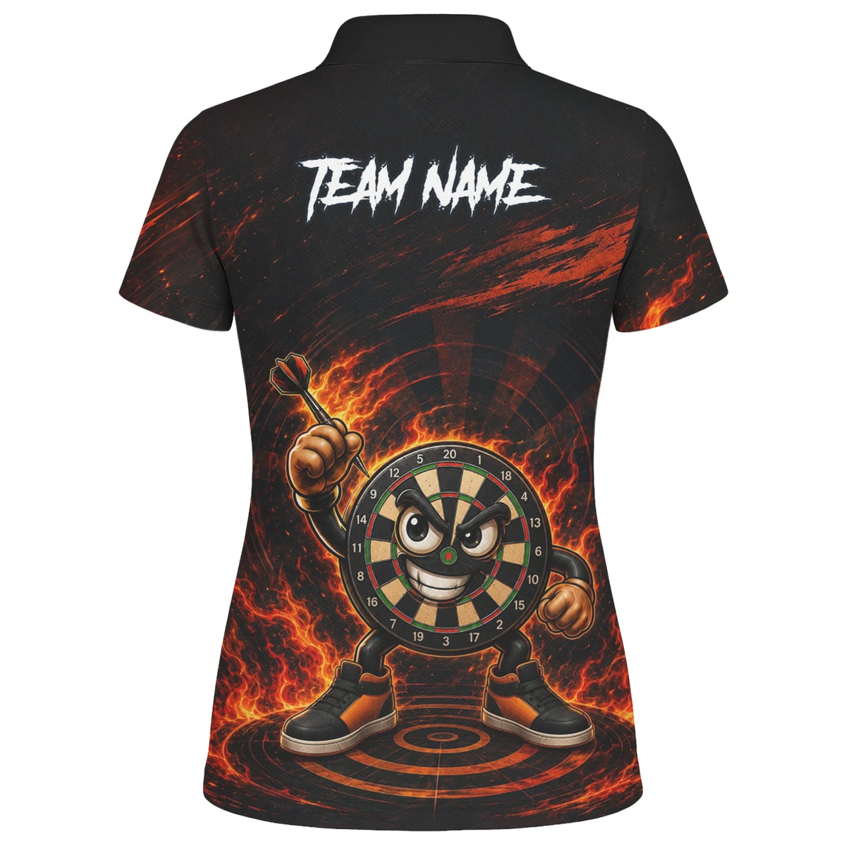 Personalised Black & Red Fiery Dartboard Character Darts Shirt For Women W224