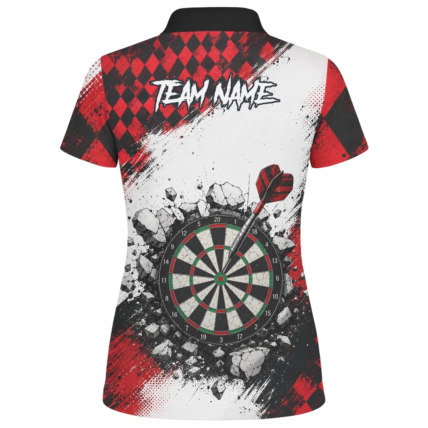 Personalised Red & Black Gothic Harlequin Darts Polo Shirt For Women K572