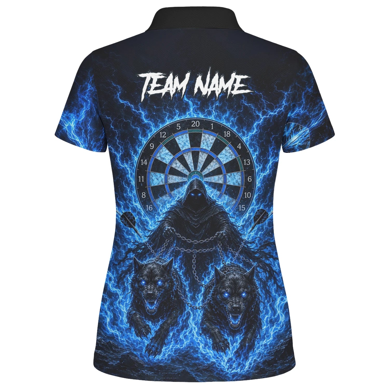 Personalised Black & Blue Grim Reaper and Wolves Darts Shirt For Women X871