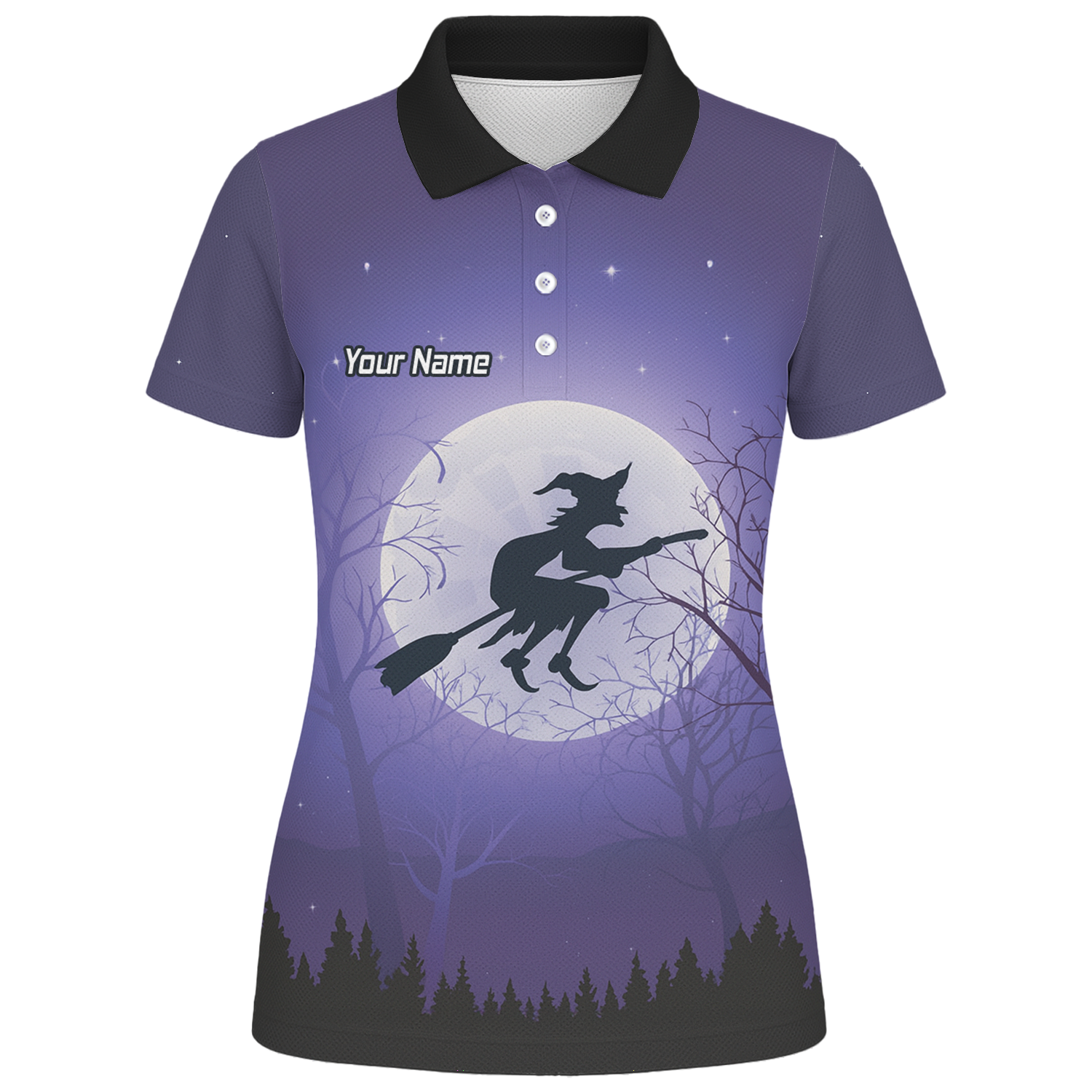 Personalised Witch Flying Moon Darts Polo Shirt Purple Black For Men J5877 additional image 1