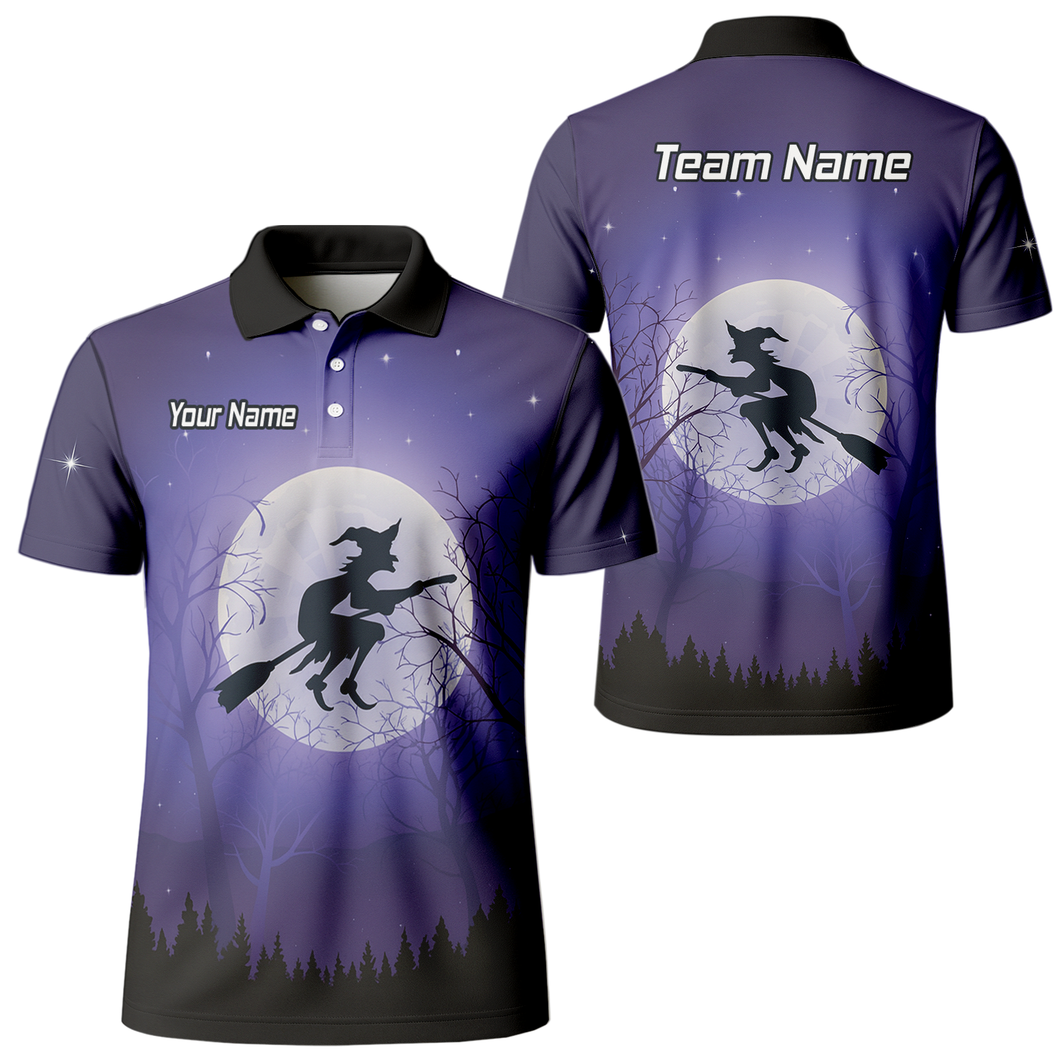 Personalised Witch Flying Moon Darts Polo Shirt Purple Black For Men J5877 main image - polo No