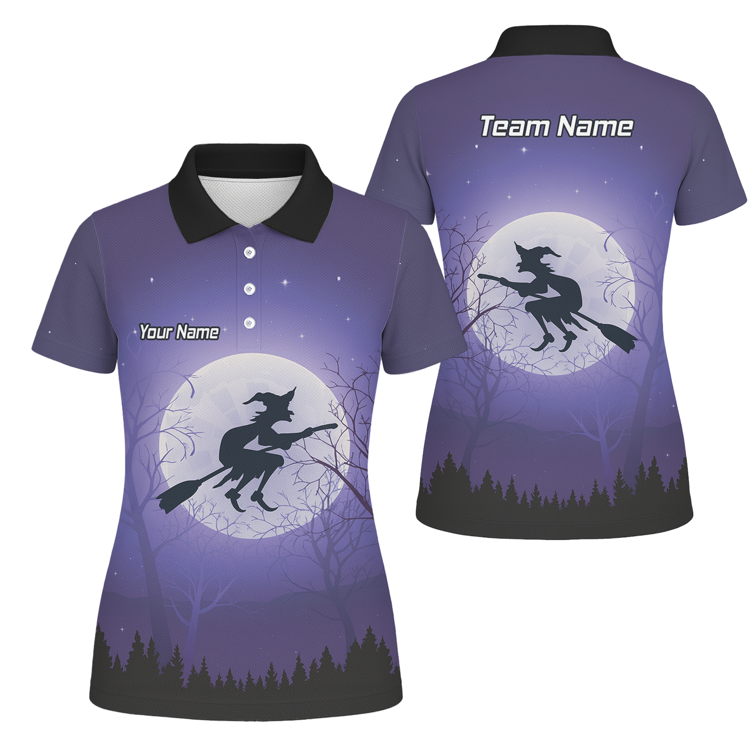 Personalised Witch Flying Moon Darts Polo Shirt Purple Black For Men J5877 main image - polo No