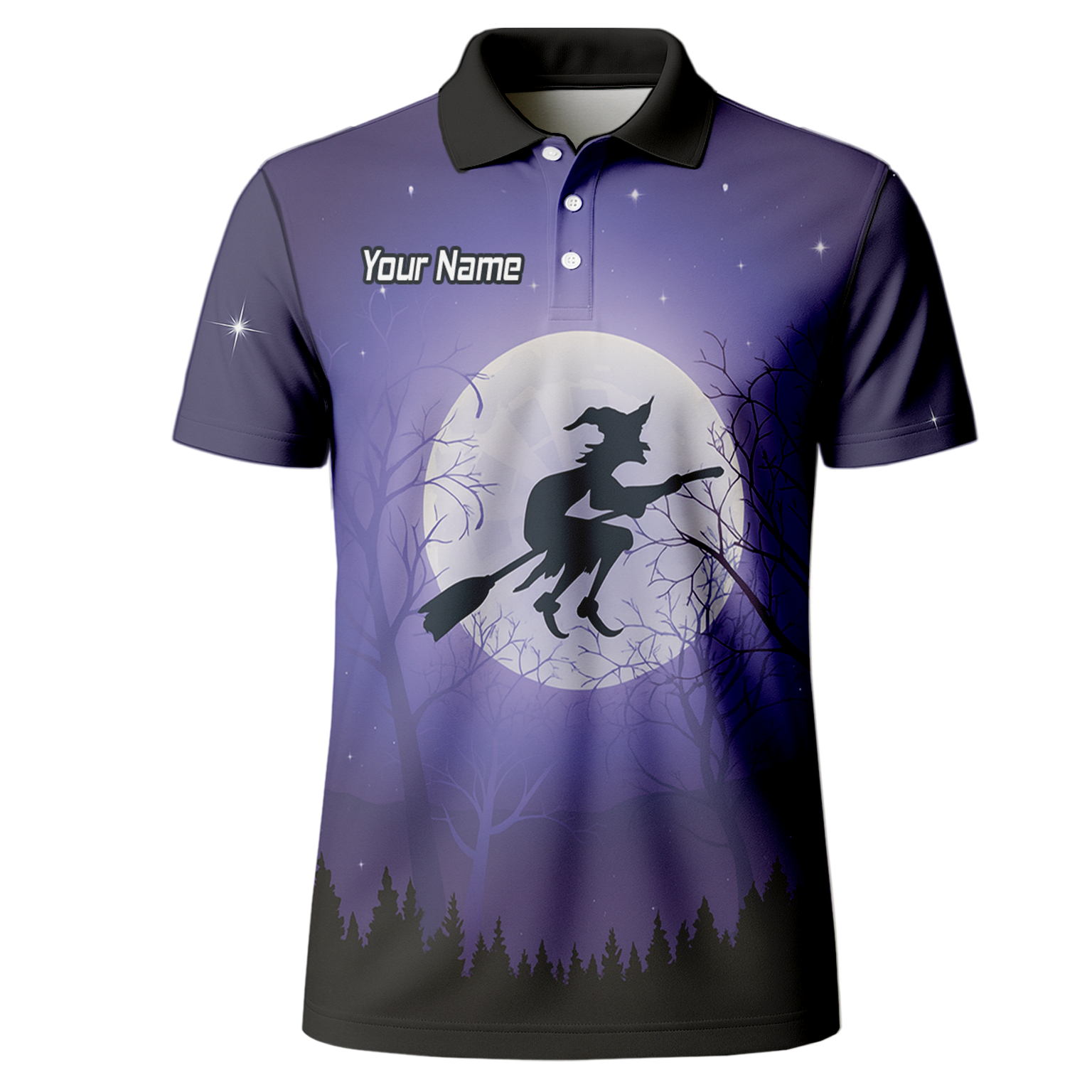 Personalised Witch Flying Moon Darts Polo Shirt Purple Black For Men J5877 additional image 2