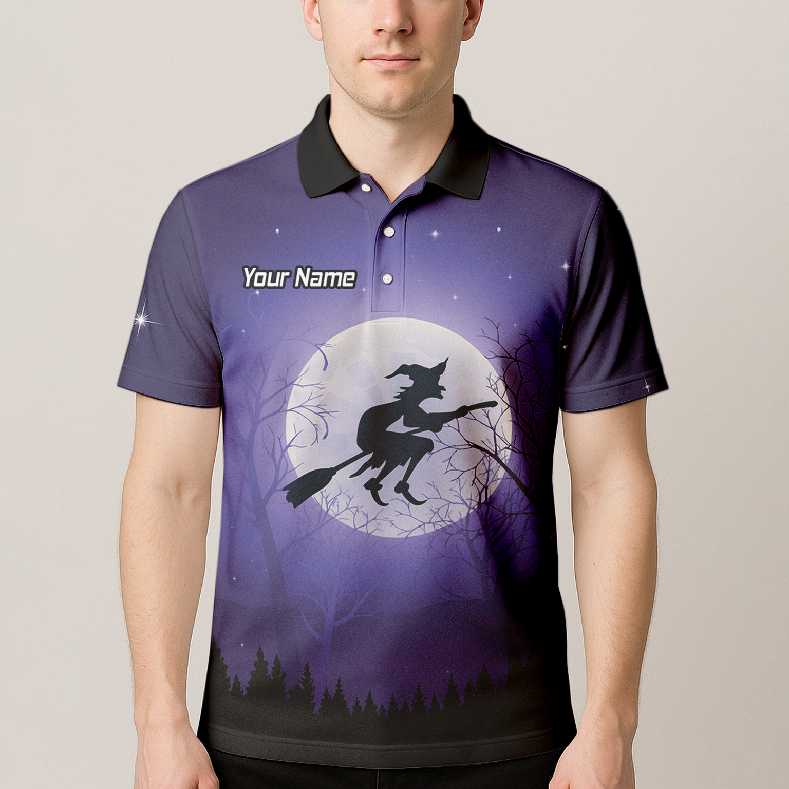 Personalised Witch Flying Moon Darts Polo Shirt Purple Black For Men J5877 additional image 4