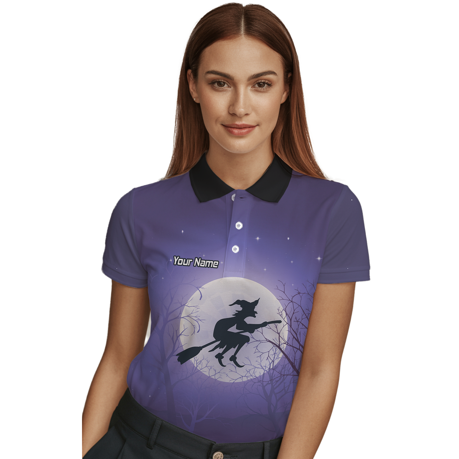 Personalised Witch Flying Moon Darts Polo Shirt Purple Black For Men J5877 additional image 3