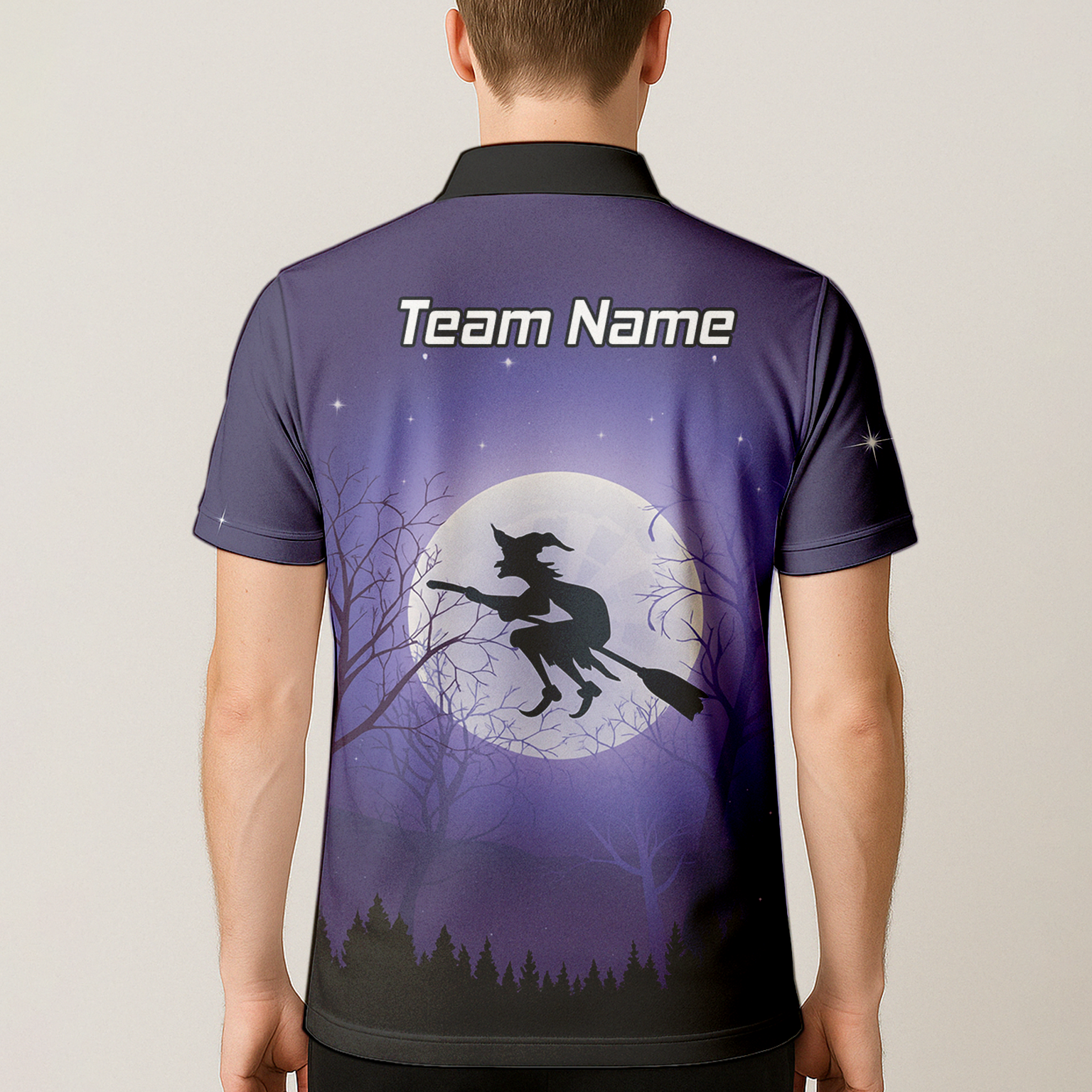 Personalised Witch Flying Moon Darts Polo Shirt Purple Black For Men J5877 additional image 5