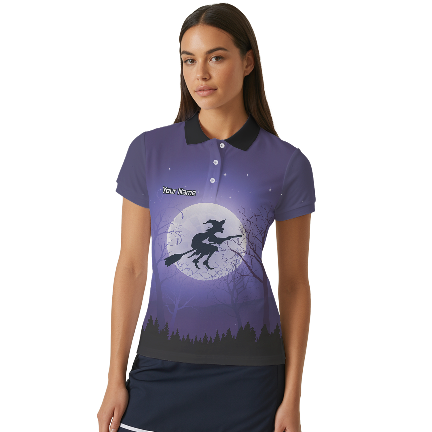 Personalised Witch Flying Moon Darts Polo Shirt Purple Black For Men J5877 additional image 4