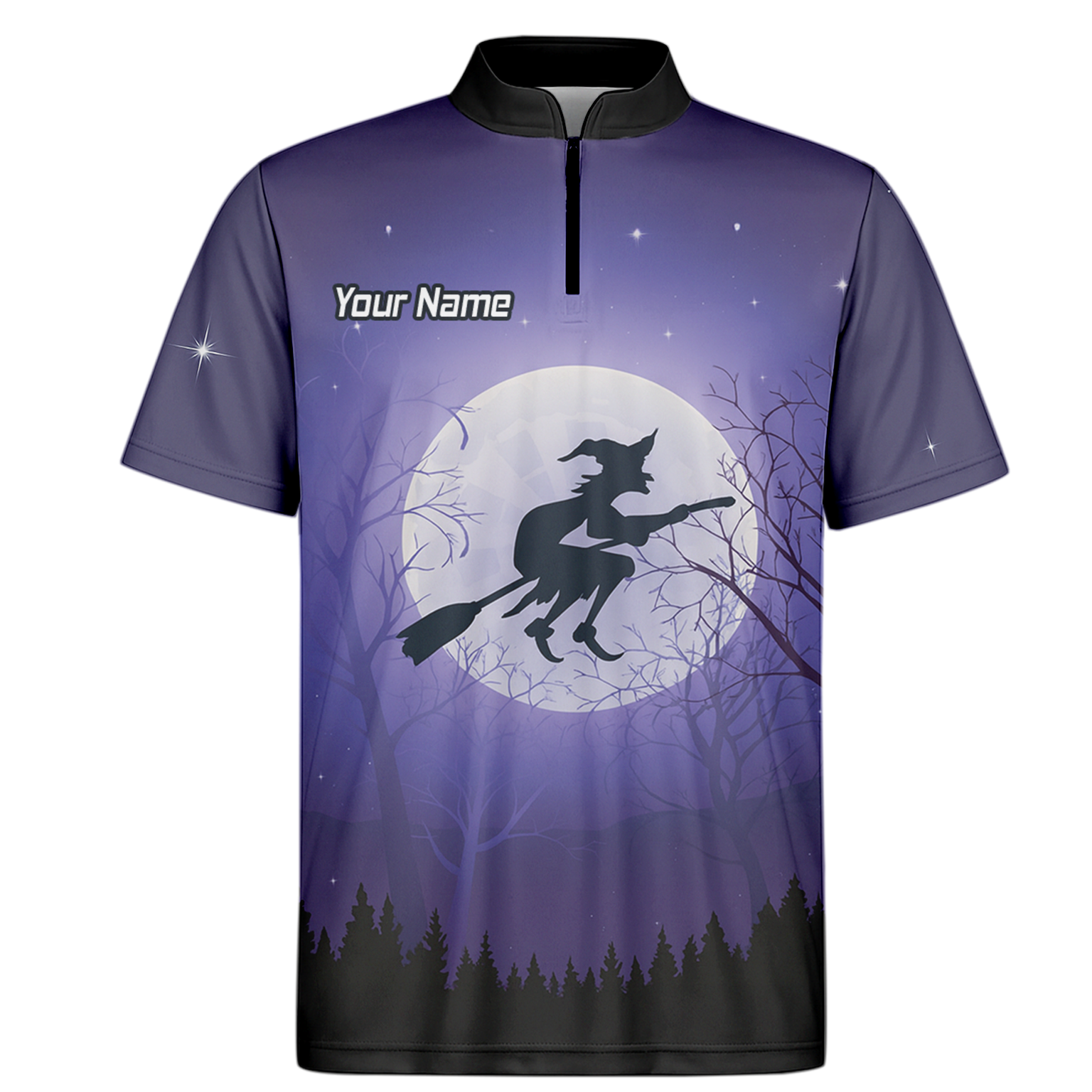 Personalised Witch Flying Moon Darts Polo Shirt Purple Black For Men J5877 additional image 6