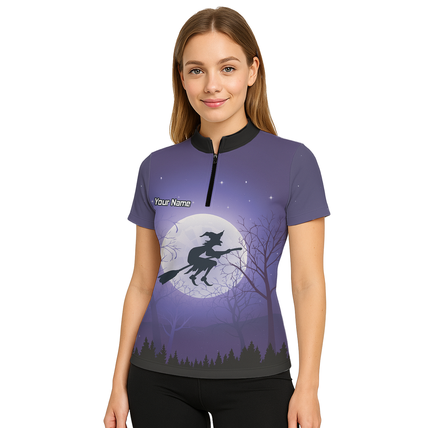 Personalised Witch Flying Moon Darts Polo Shirt Purple Black For Men J5877 additional image 5