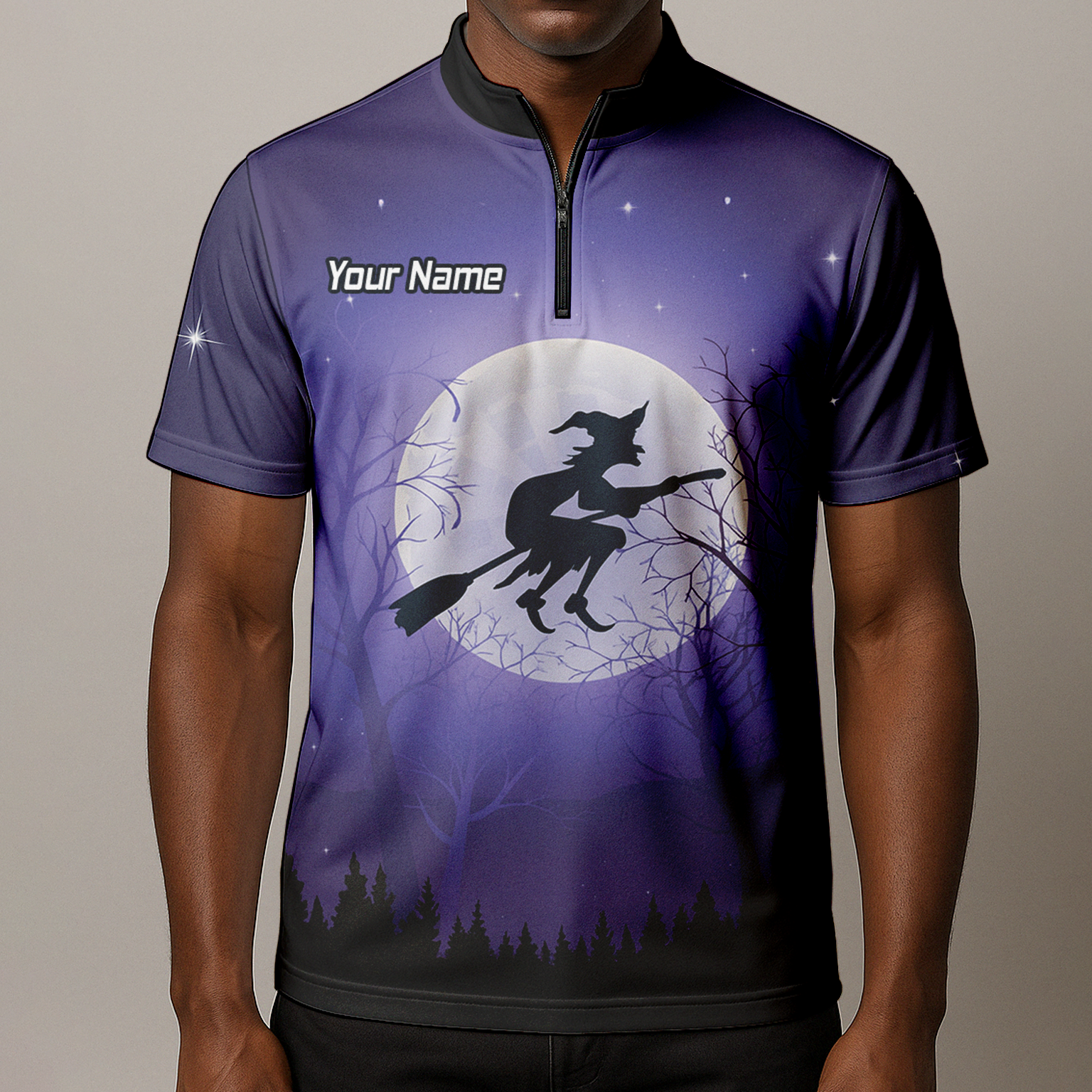 Personalised Witch Flying Moon Darts Polo Shirt Purple Black For Men J5877 additional image 8