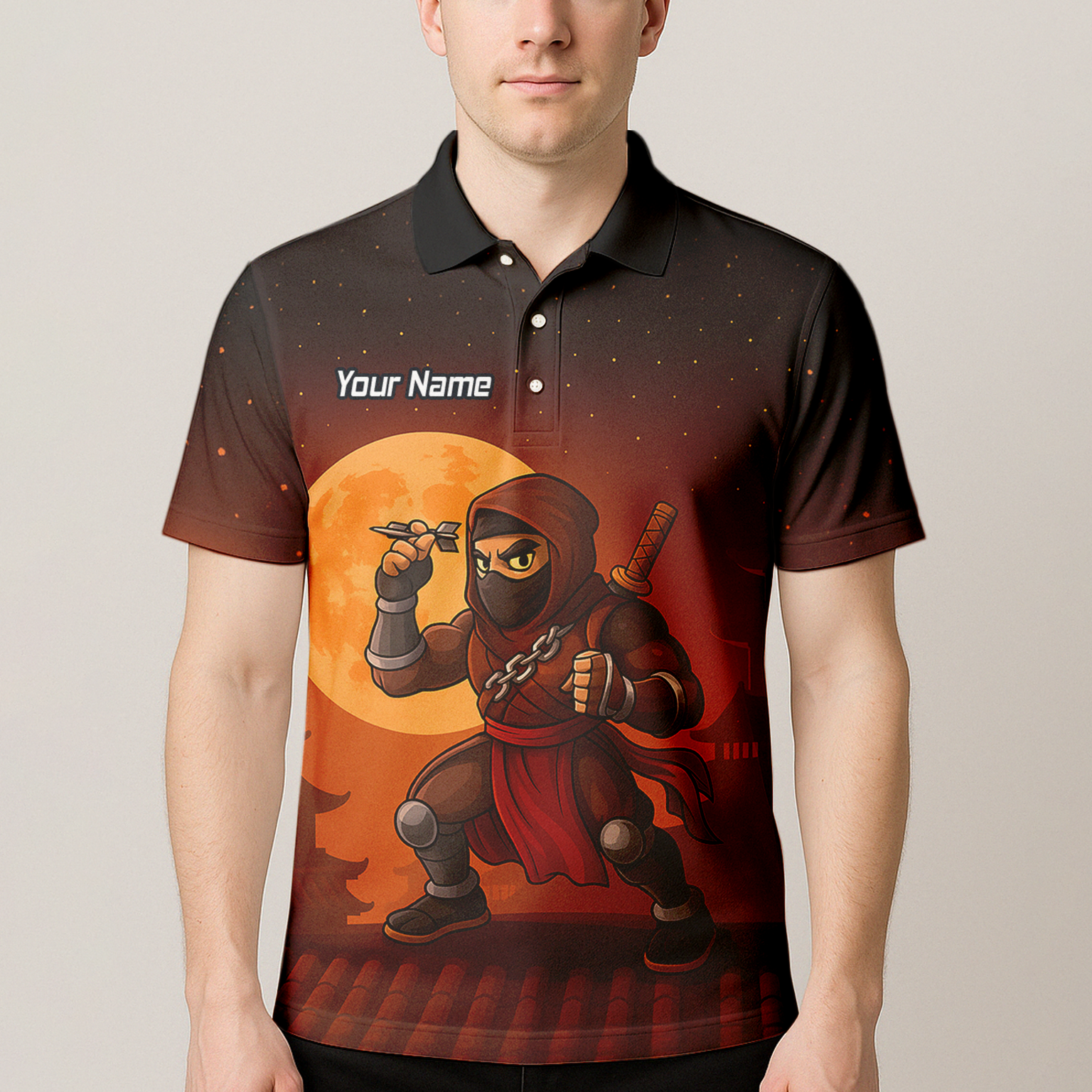 Personalised Ninja Moon Darts Polo Shirt Brown Black For Men E2506 additional image 4